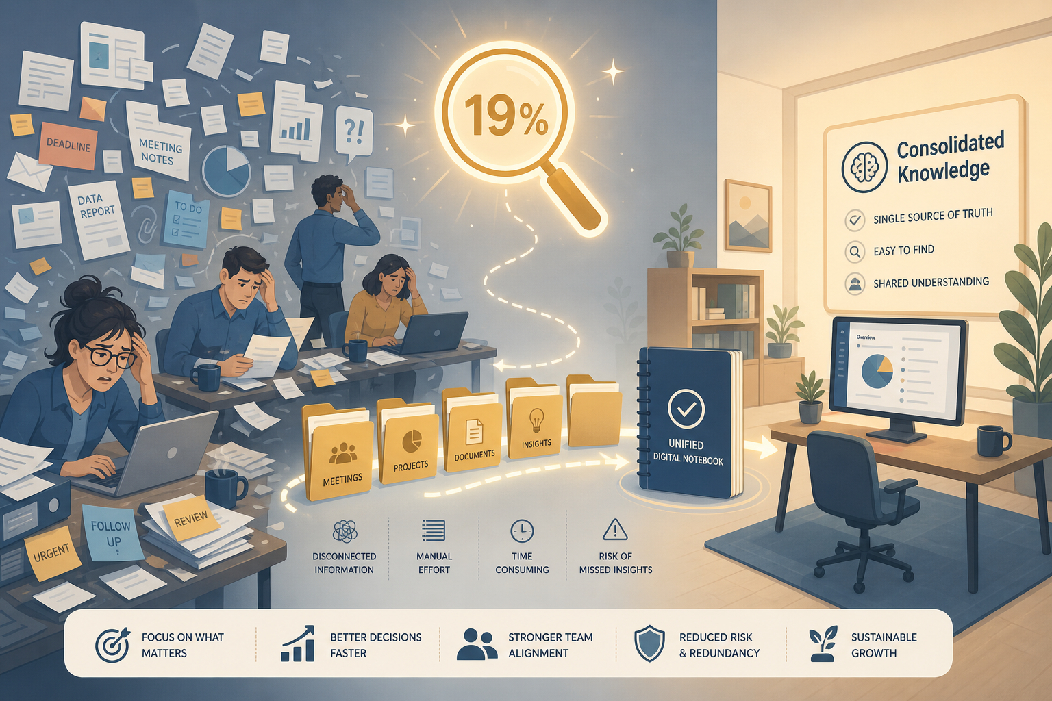 A flat vector illustration showing a chaotic team workspace with floating sticky notes, documents, and digital screens around silhouetted workers, with a glowing magnifying glass icon marked 19% above them, transitioning to a clean organized knowledge base on the right side.