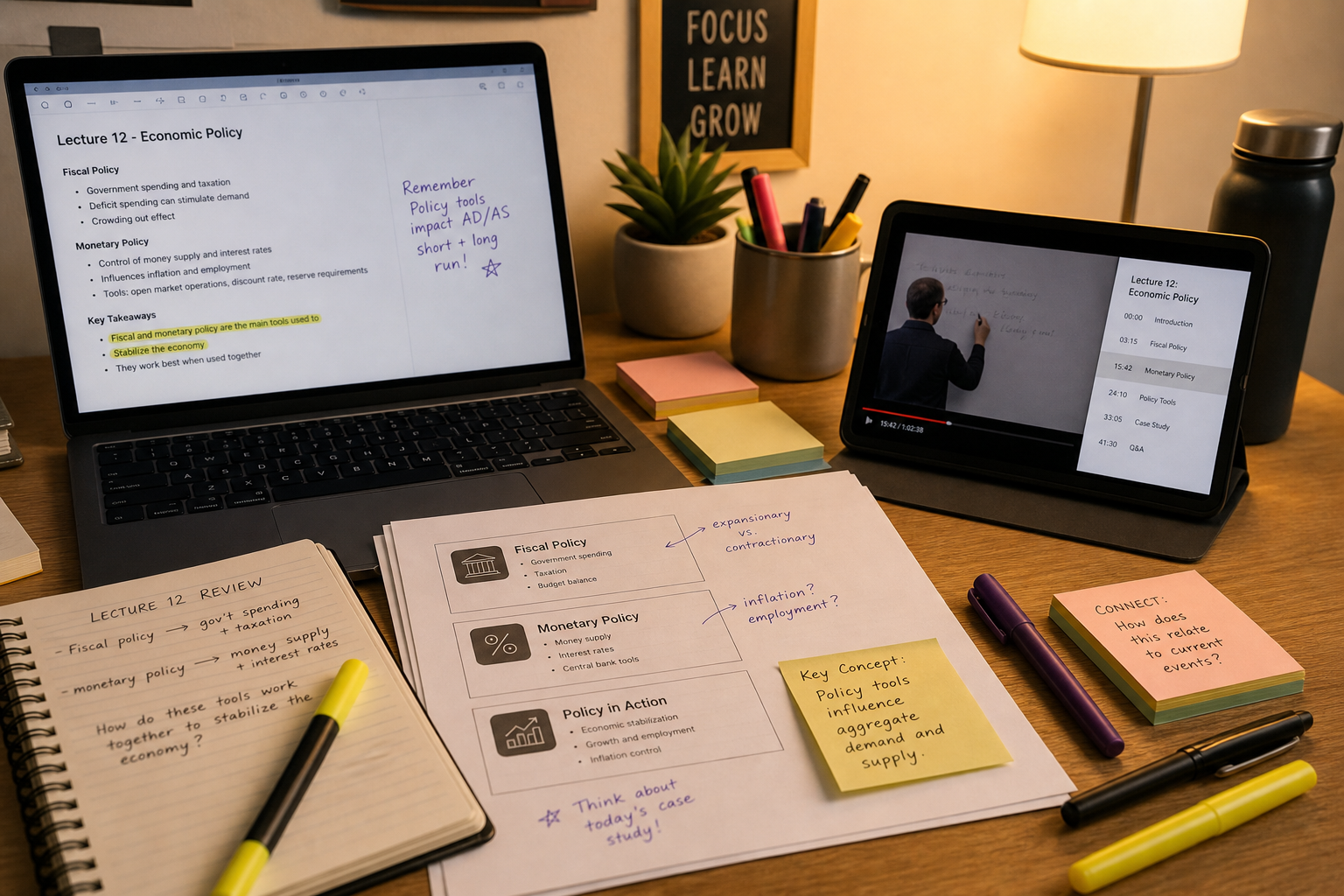 A student's study desk showing active note review after a lecture: an open laptop with highlighted typed notes, printed lecture slides with handwritten margin annotations, sticky notes, a highlighter, and a tablet displaying a synced lecture recording interface.
