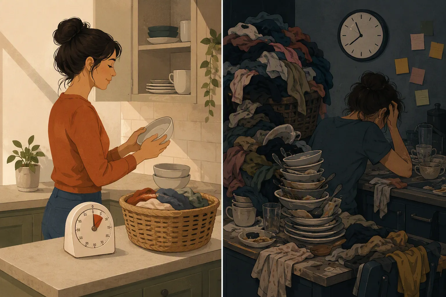 A split illustration comparing a small timed chore with an open-ended pile of laundry and dishes