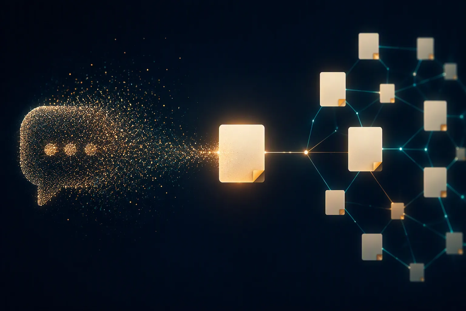 An AI chat bubble condensing into a note that connects with a larger knowledge network
