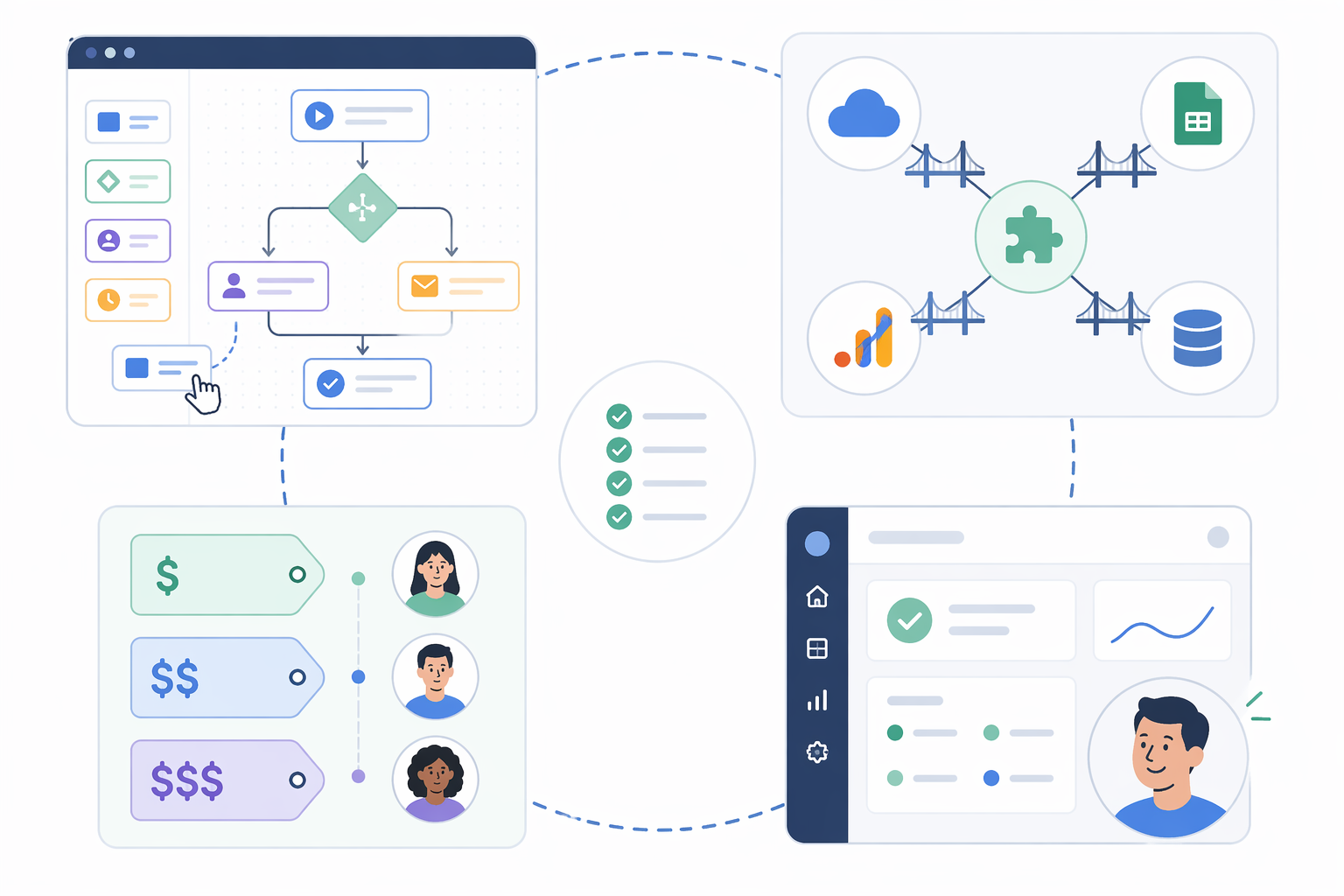 A flat vector illustration showing four evaluation criteria in a circular layout: a visual workflow builder, interconnected platform icons, price tags with team avatars, and a clean interface with a smiling user icon.
