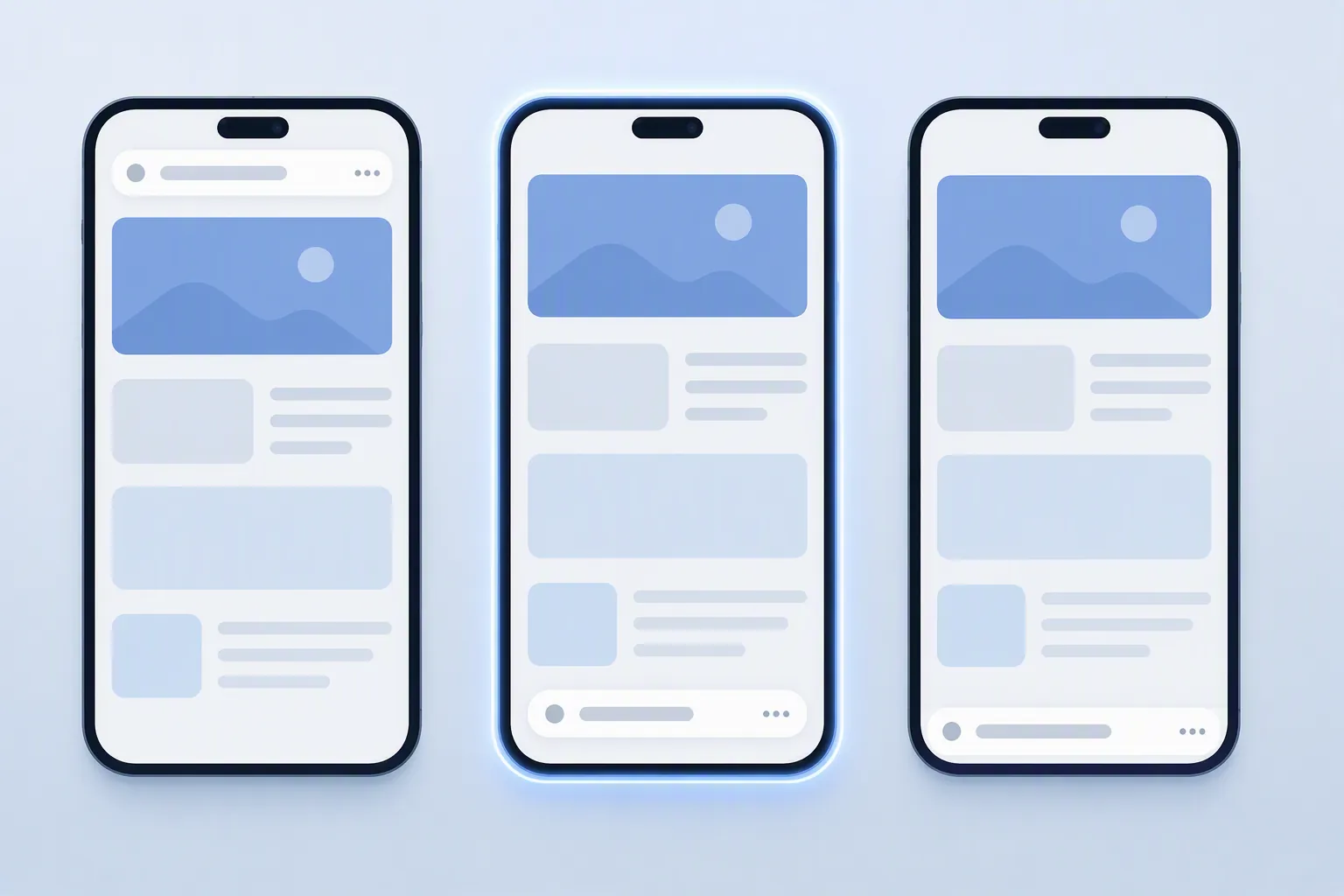 Three iPhone browser layouts showing top, compact bottom, and full-width bottom address bar positions