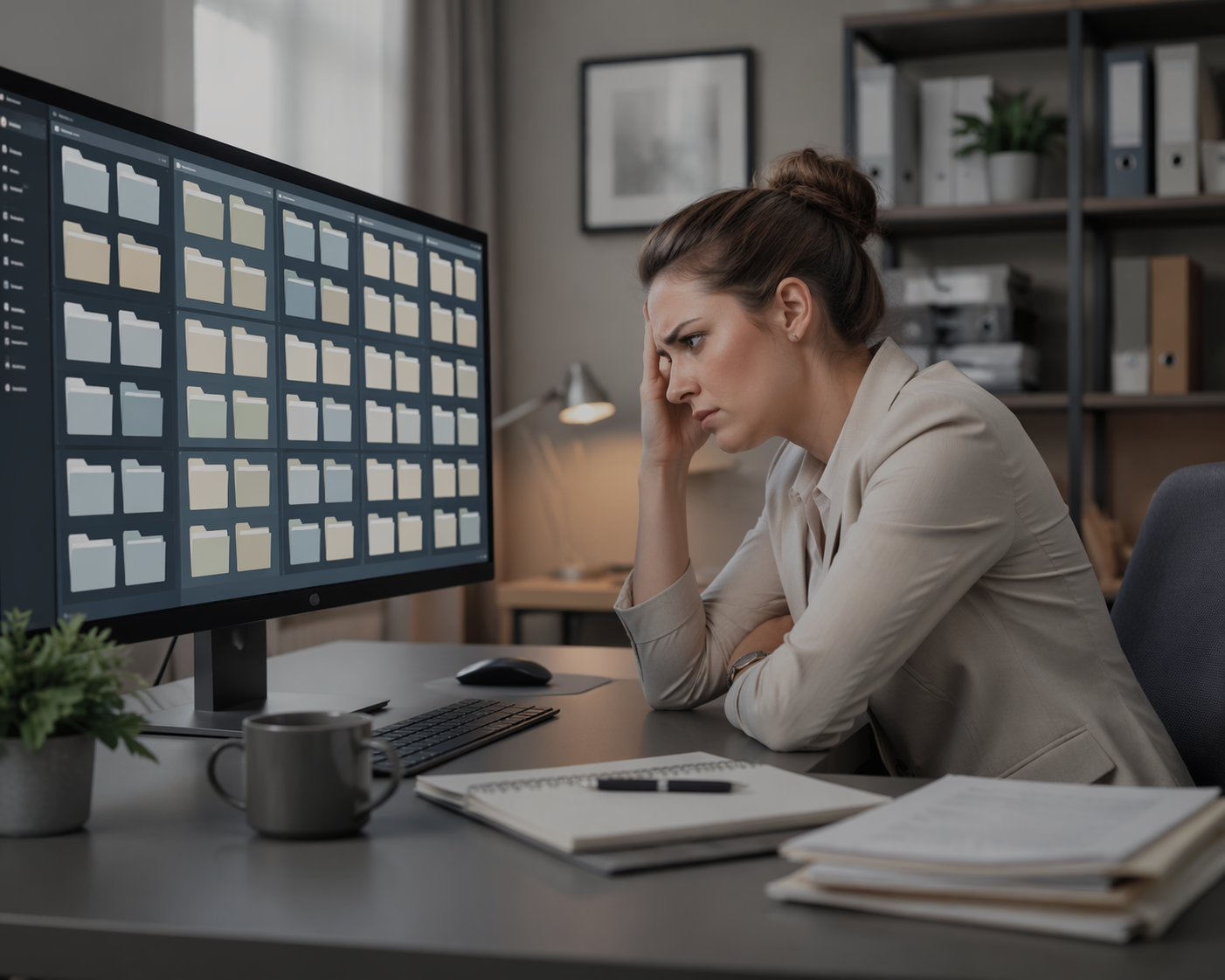 A frustrated professional facing a polished but unhelpful digital folder system