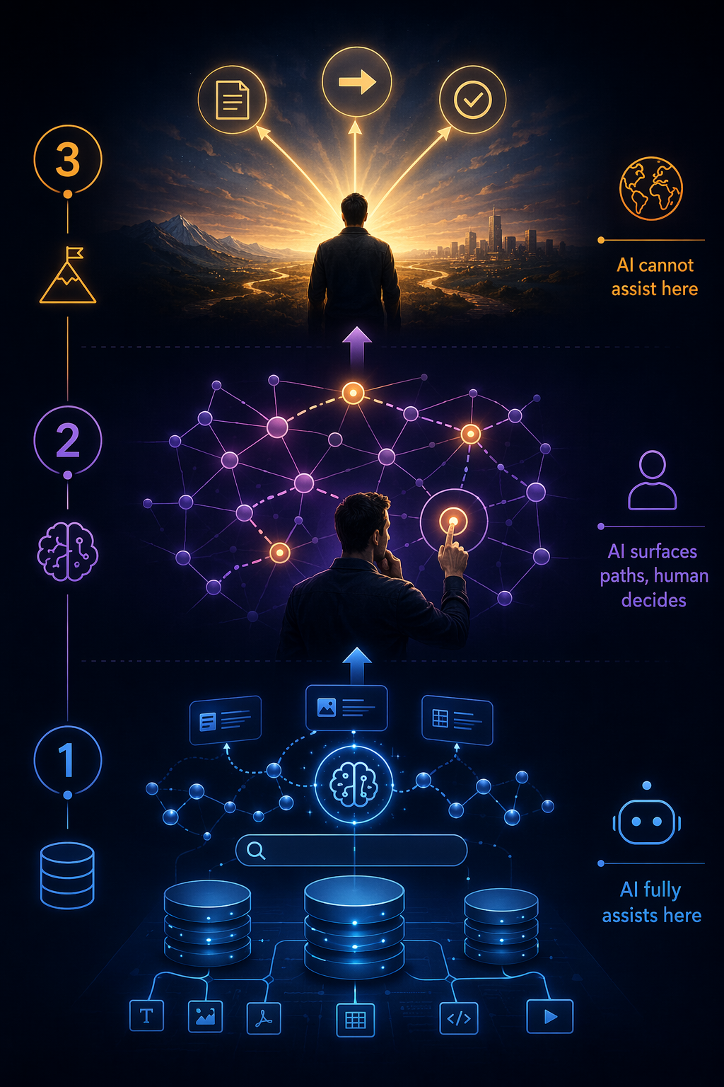 Three-level PKM framework showing storage and retrieval, thinking and connection, and model revision through output