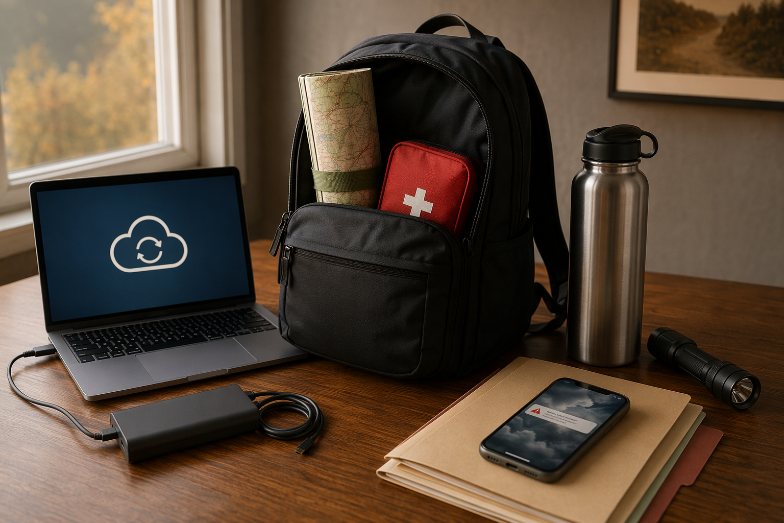 Go-bag, laptop, weather alert phone, documents, water bottle, flashlight, and power cable arranged on a desk