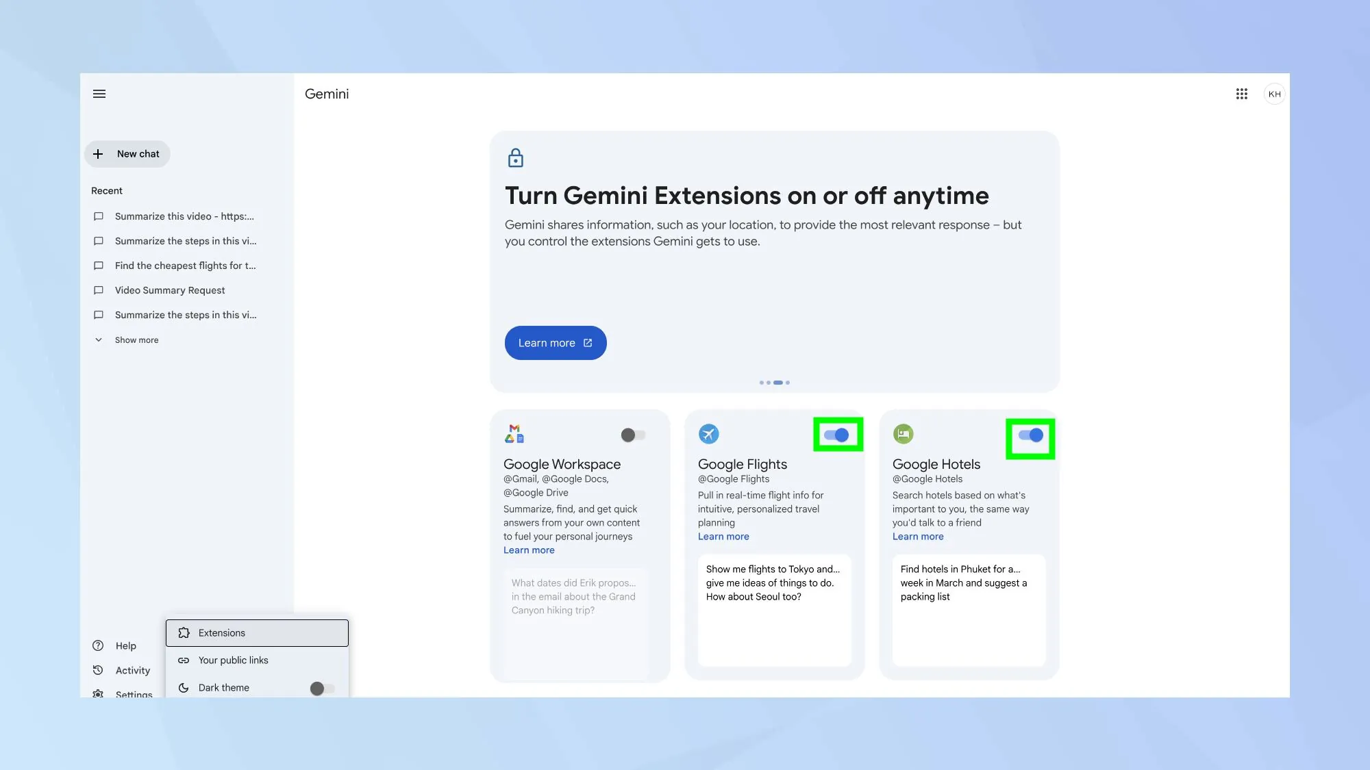 Google Gemini vacation-planning interface with map view and suggested trip itinerary details