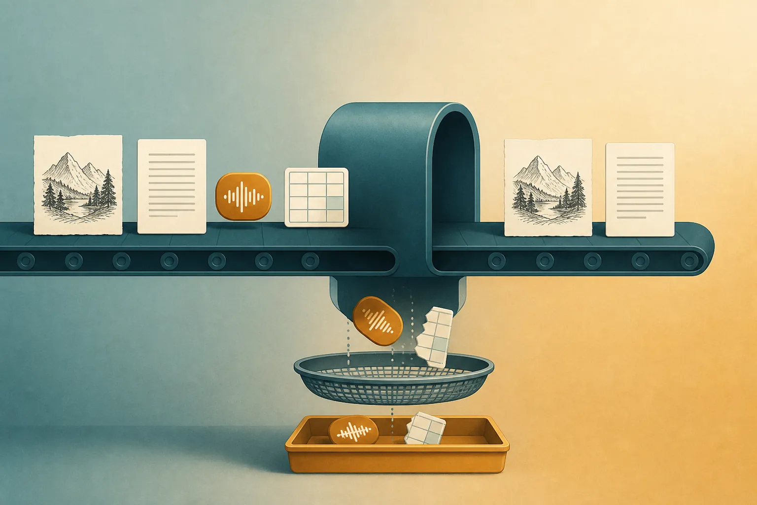 Notes passing through a transfer tunnel while ink and text survive and audio and table fragments fall through a sieve
