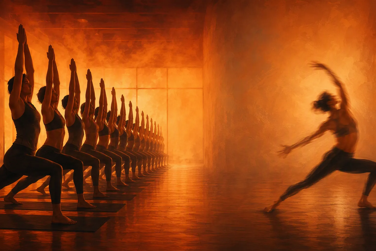 Illustration contrasting many people in a fixed hot yoga posture with one person moving through a flowing pose