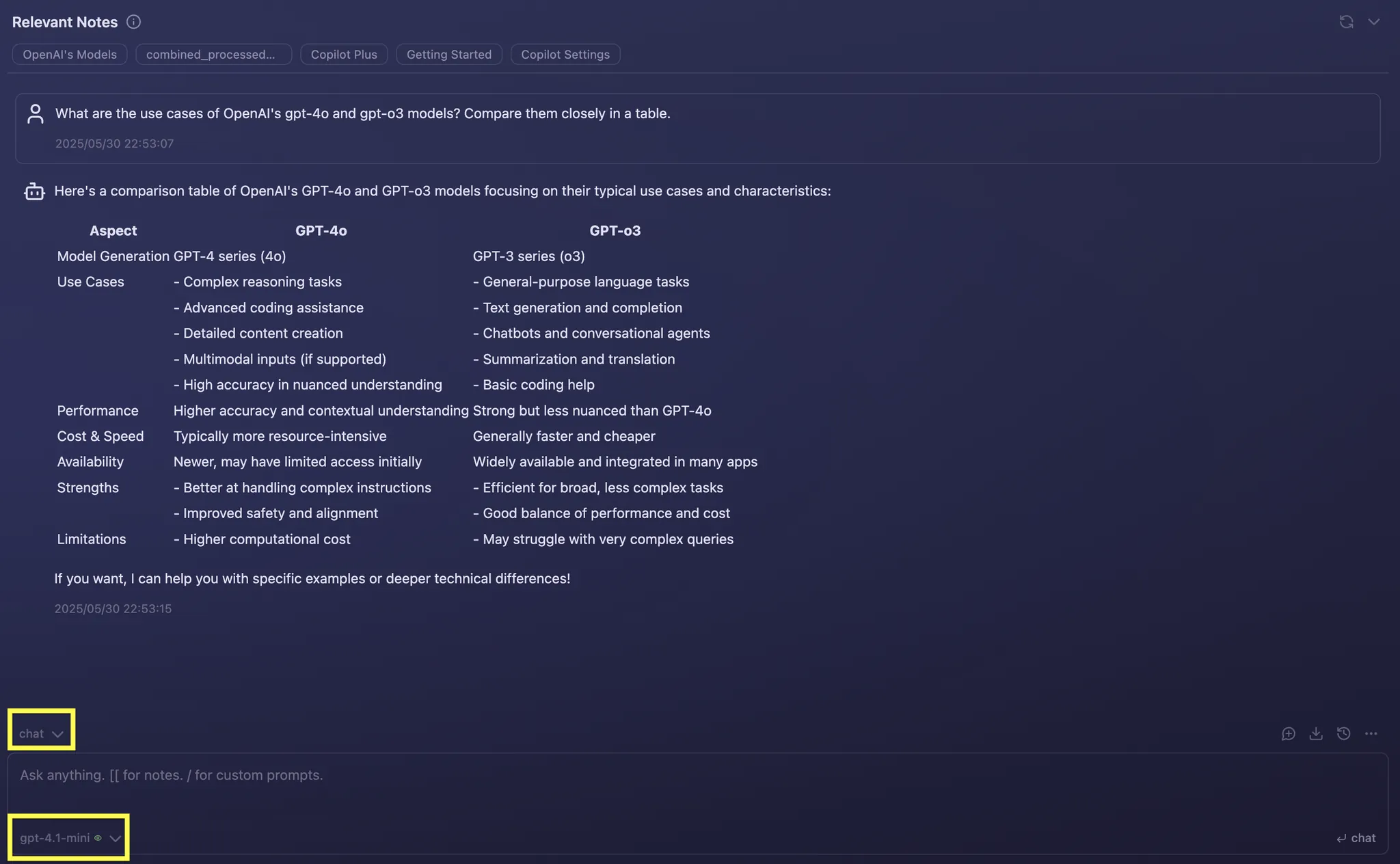 Copilot for Obsidian chat mode showing a conversation pane inside the Obsidian interface beside an open note editor