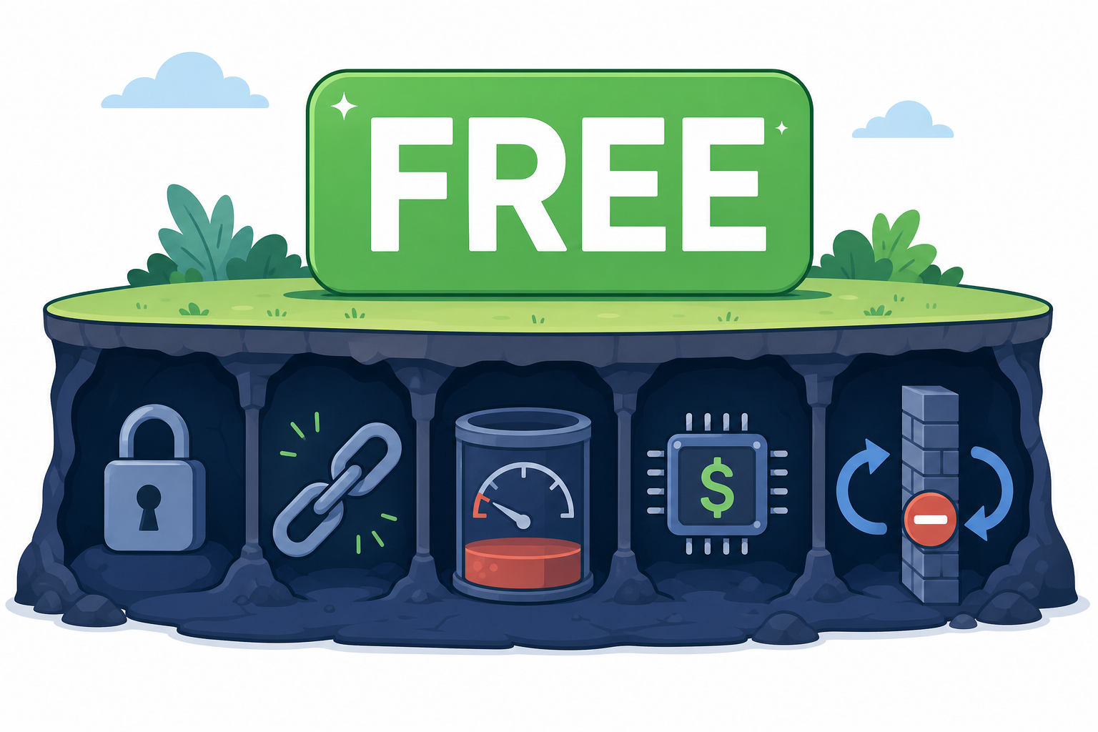 A large green FREE label with hidden constraints revealed beneath it, including a padlock, device chain, storage gauge, AI chip with dollar sign, and blocked sync arrow.