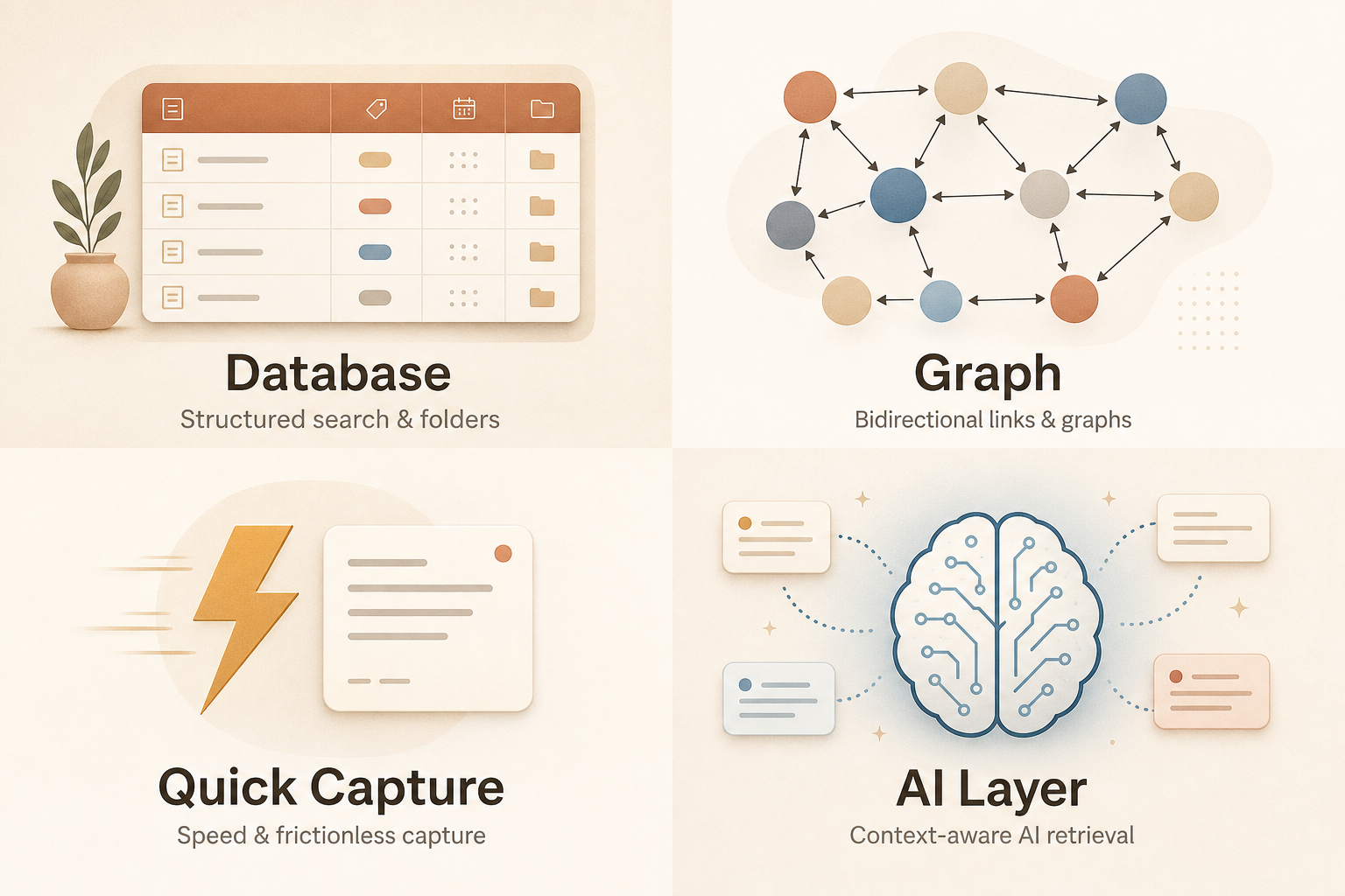 Four-quadrant infographic illustrating note-taking retrieval styles: Database, Graph, Quick Capture, and AI Layer.