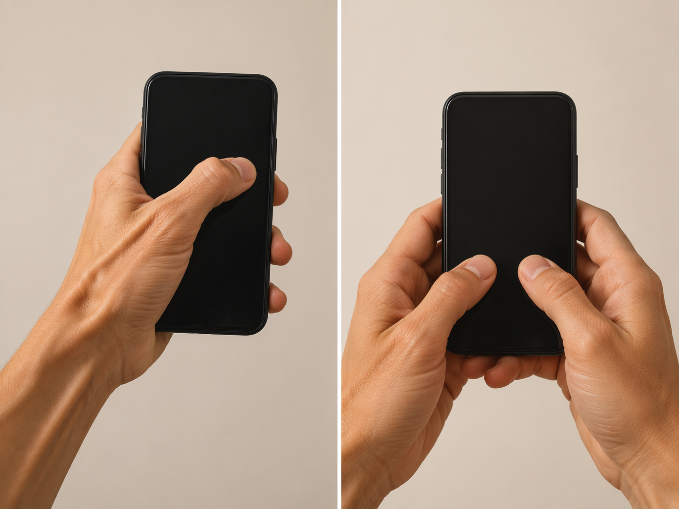 Comparison of a strained one-handed smartphone grip and a more relaxed two-handed grip