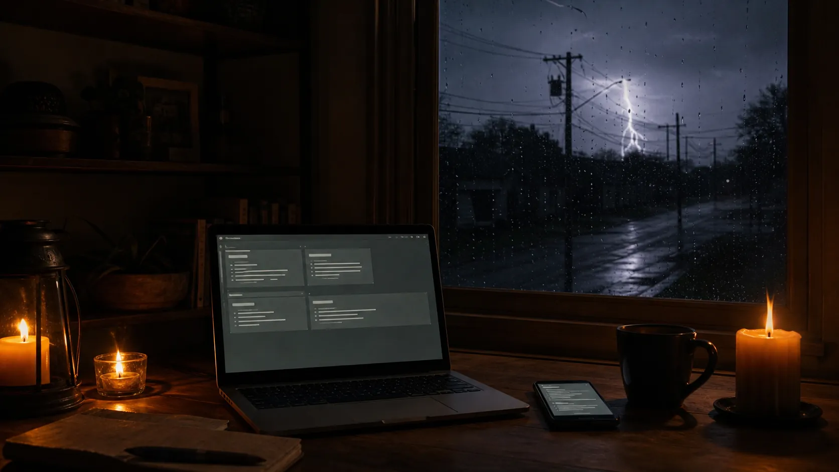 A laptop displaying locally stored notes in a dark home office during a storm-related power outage