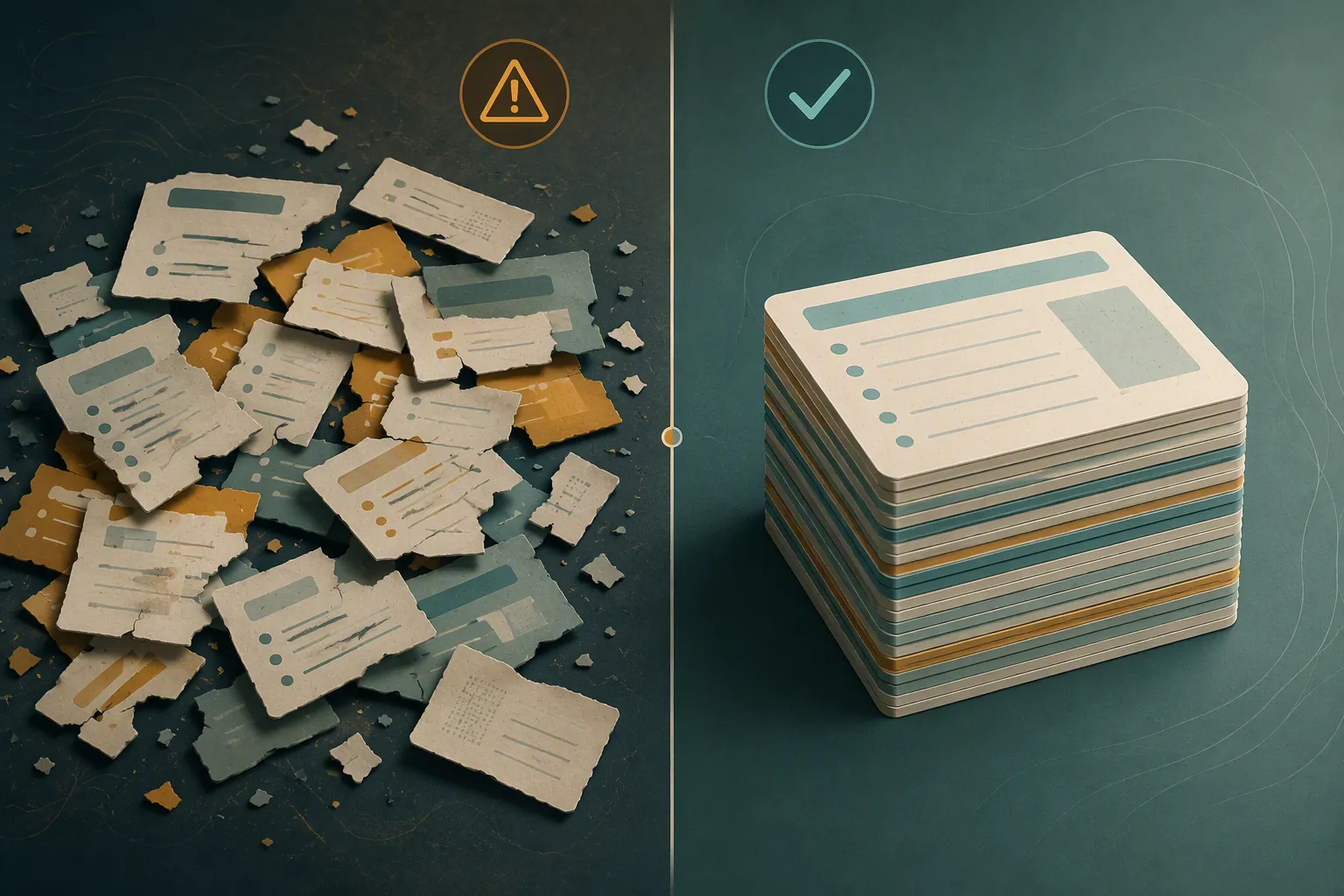 Split illustration contrasting chaotic AI notes with clean structured note cards