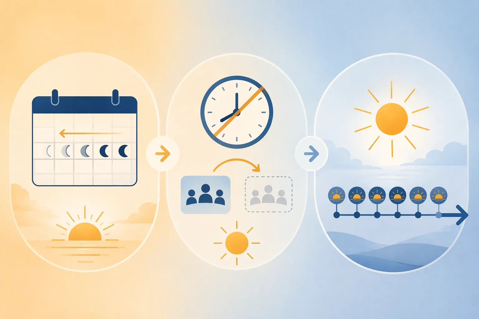 Three phase daylight saving time plan showing earlier bedtimes, rescheduled morning meetings, and consistent morning light