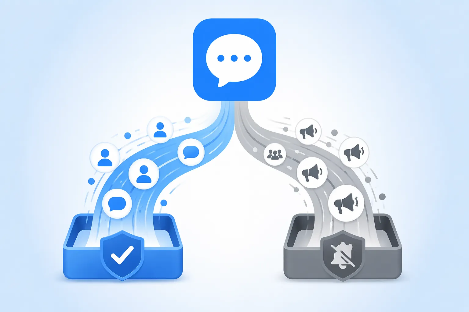 A chat app split into separate direct message and marketing notification streams