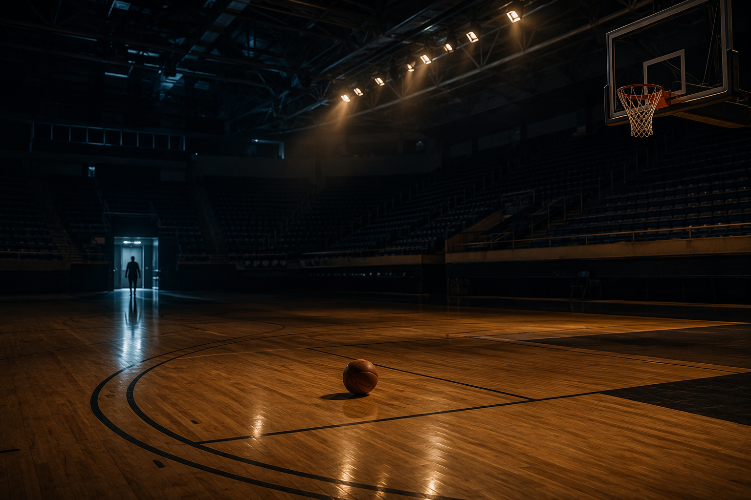 Empty indoor basketball arena late at night with a basketball on the court.