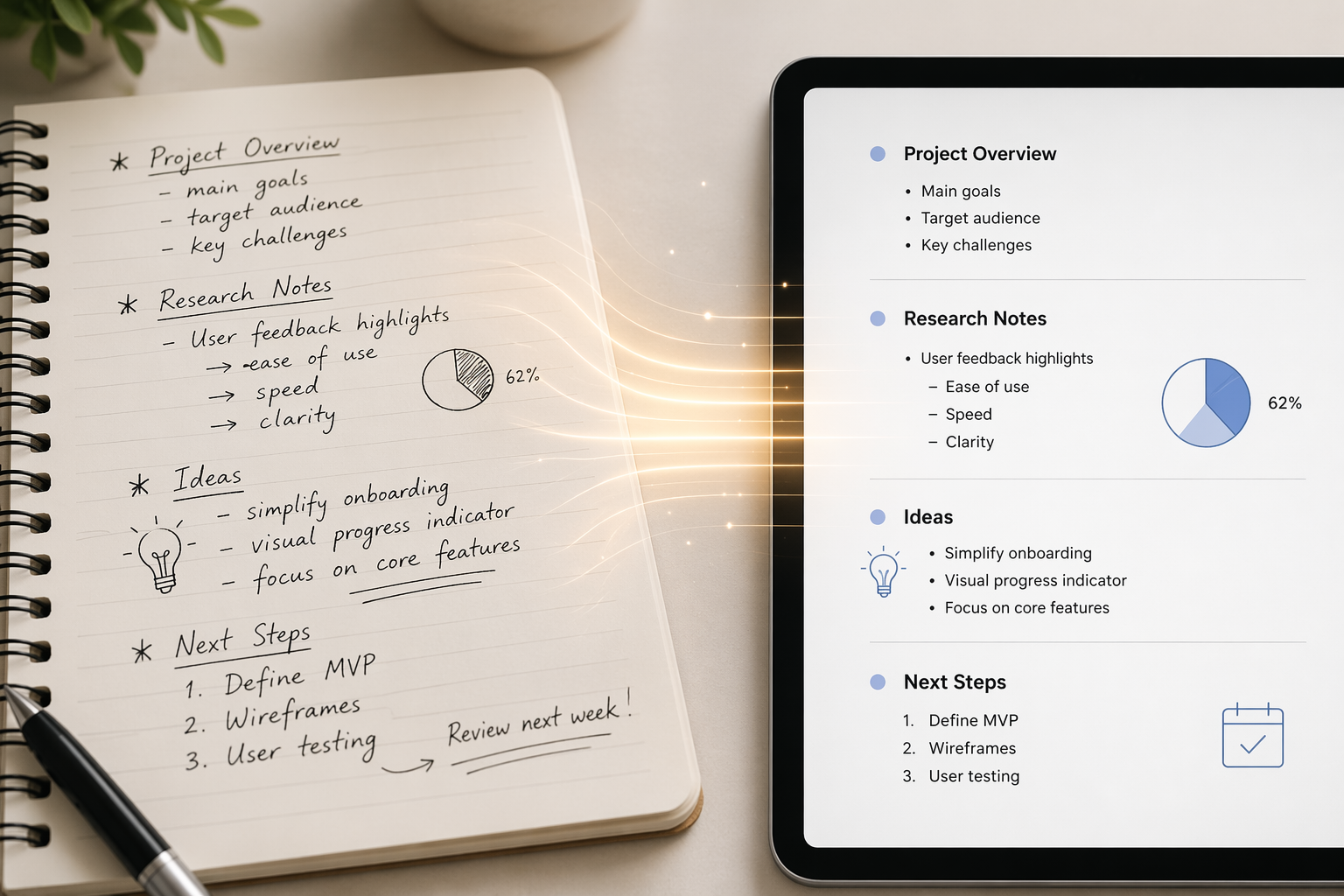 Handwritten notebook pages transitioning into clean digital text on a screen
