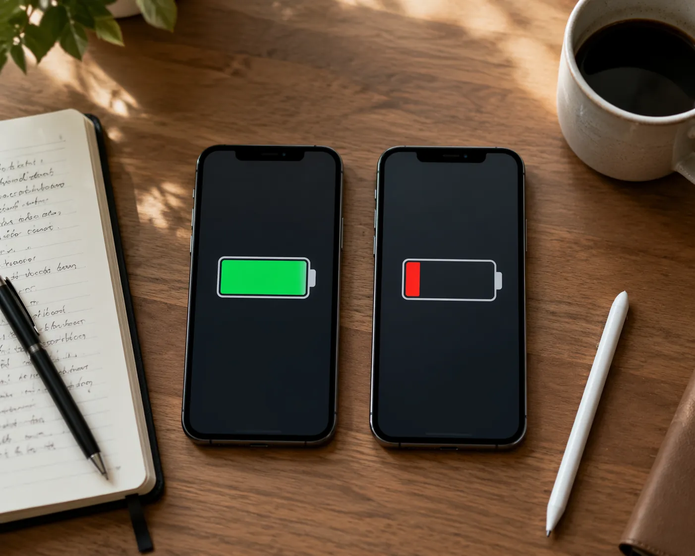 Two smartphones on a desk beside a notebook, stylus, and coffee, with different battery levels shown