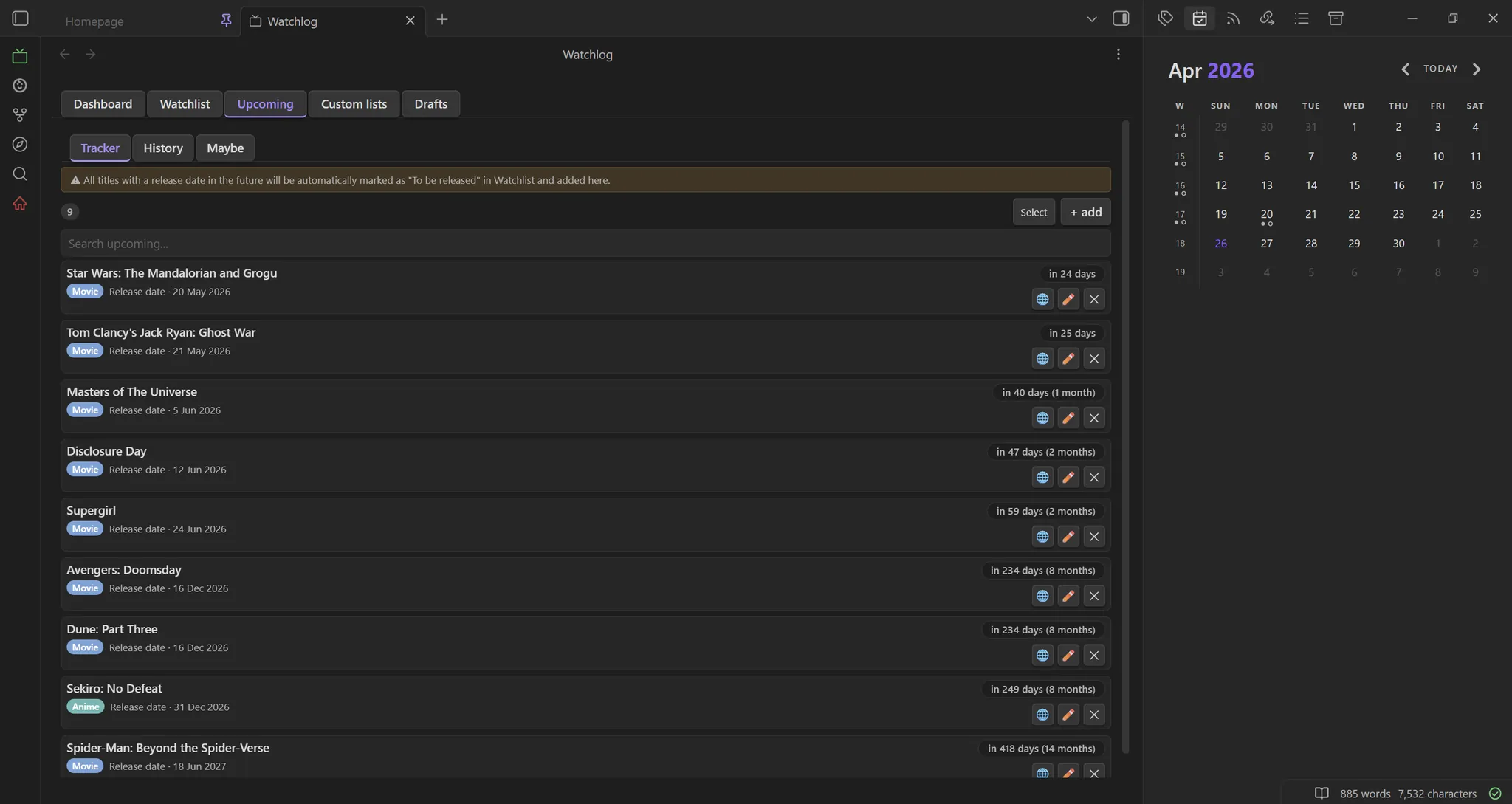 Obsidian WatchLog Upcoming tab with release dates, countdowns, progress indicators, and status labels
