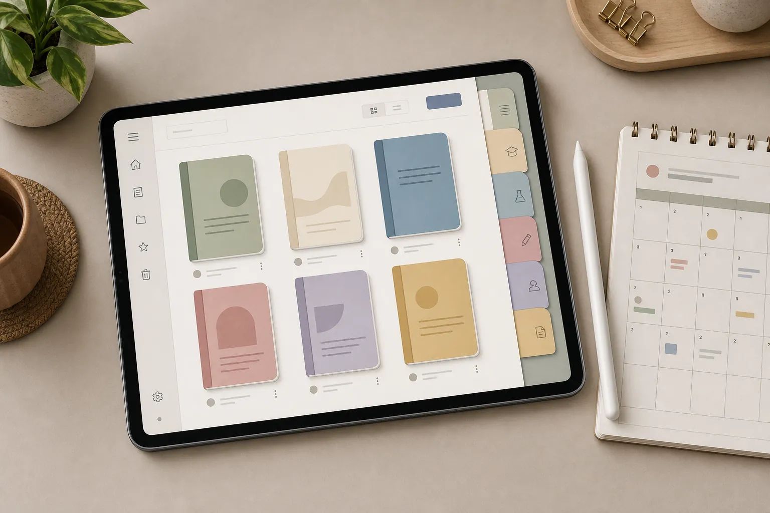 Tablet showing organized digital course notebooks beside a stylus and paper planner