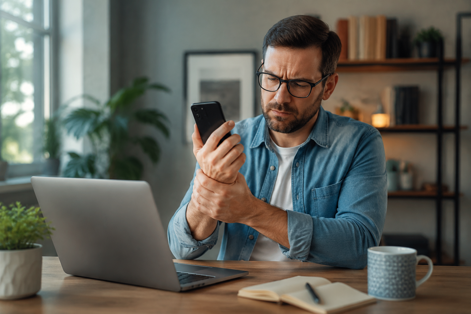 Remote professional at a home desk holding a smartphone while gently pressing a sore thumb