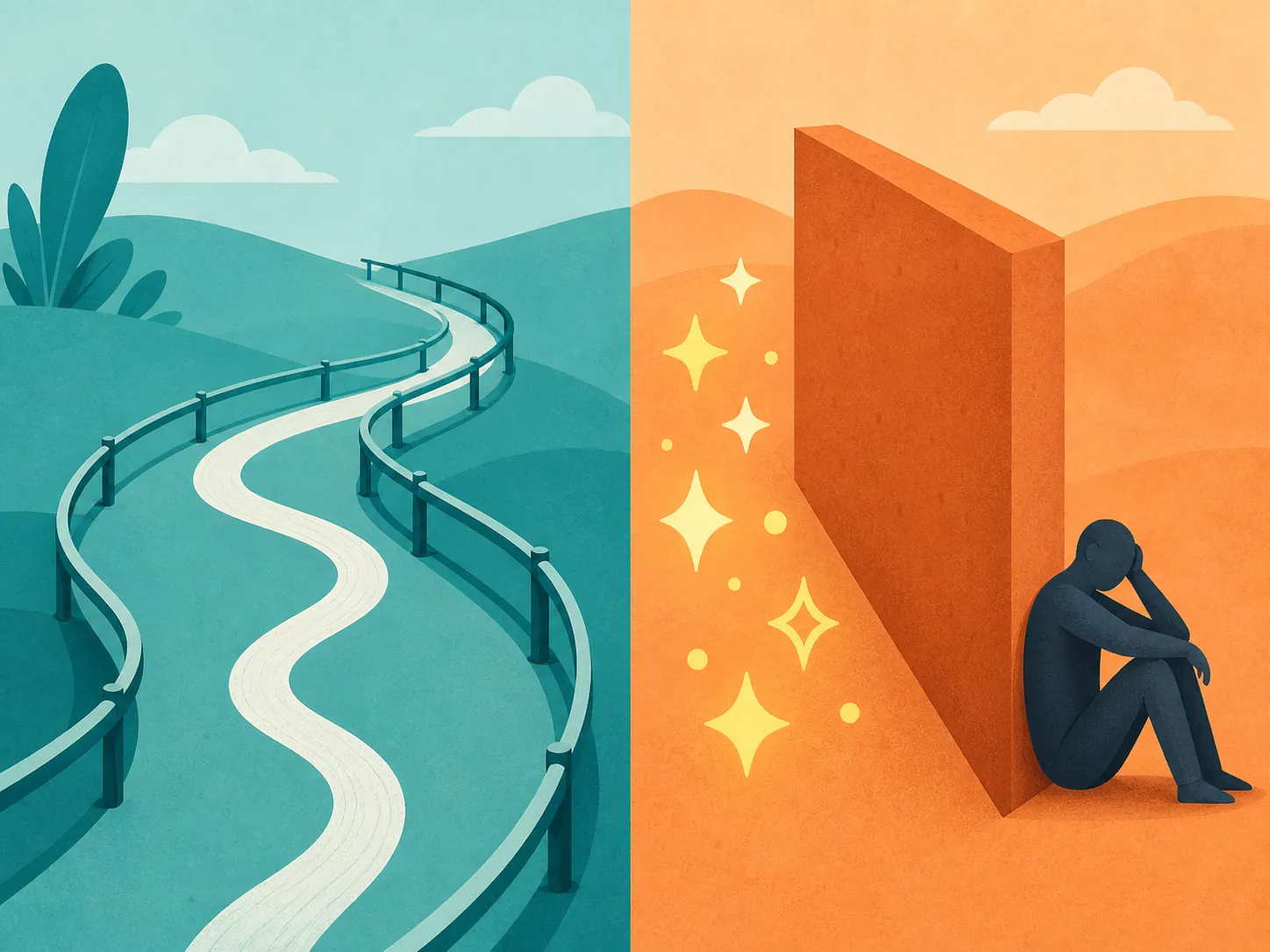 Split illustration comparing a supportive guardrail with a rigid barrier that traps restorative breaks