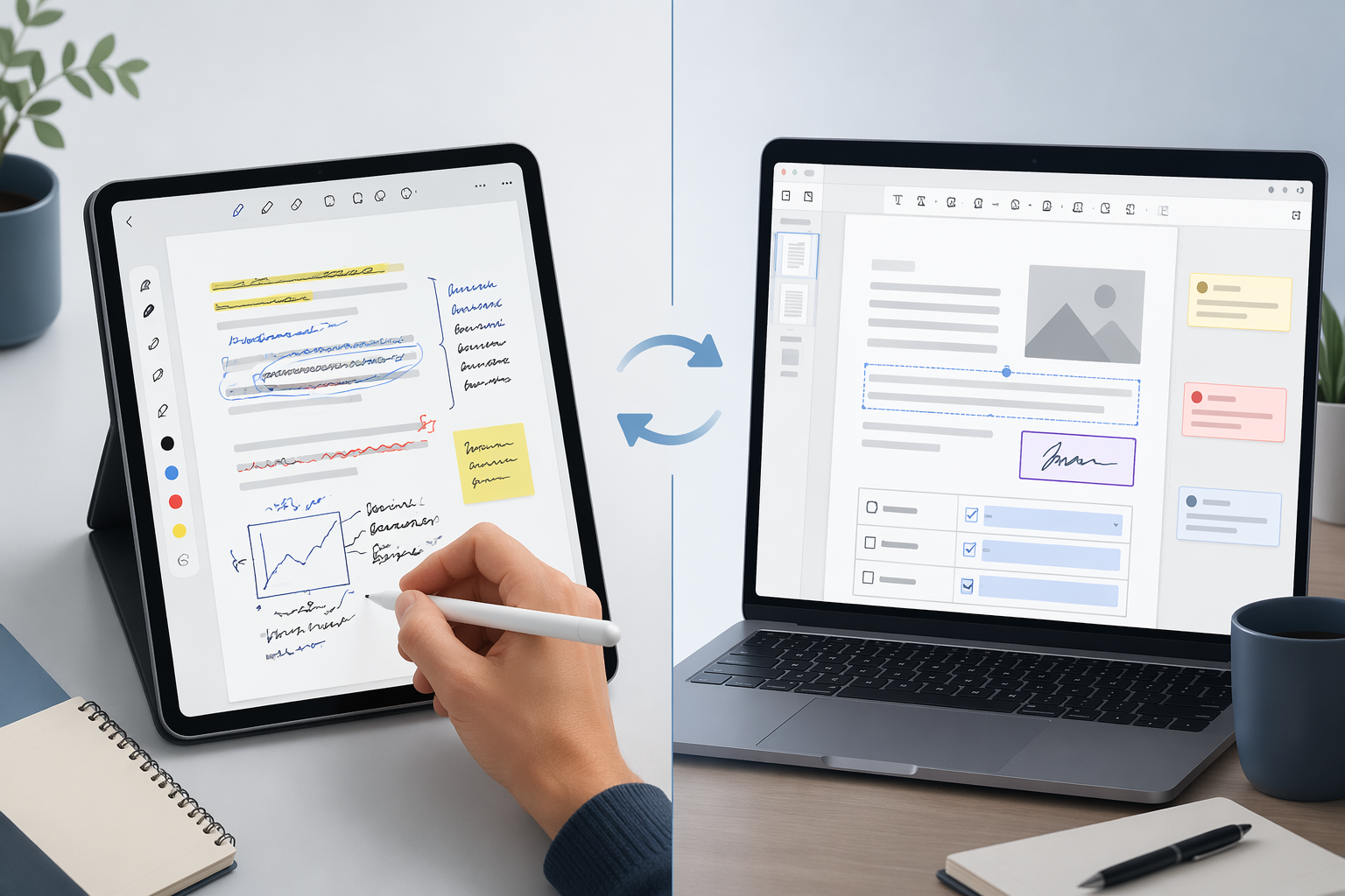 Split comparison of stylus-based PDF annotation on a tablet and typed PDF comments on a laptop