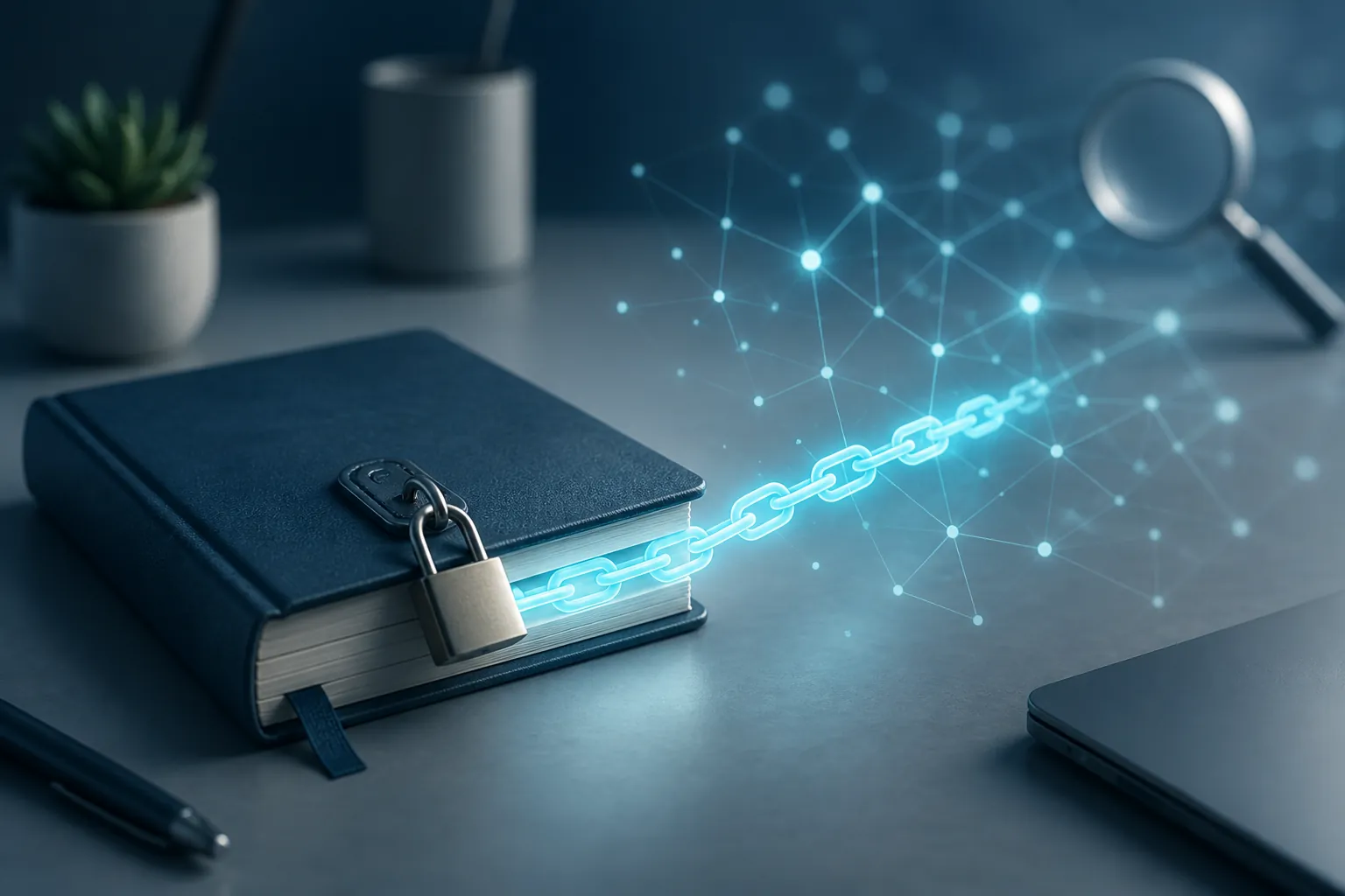 A locked journal with a glowing hyperlink extending toward a searchable web of connected nodes