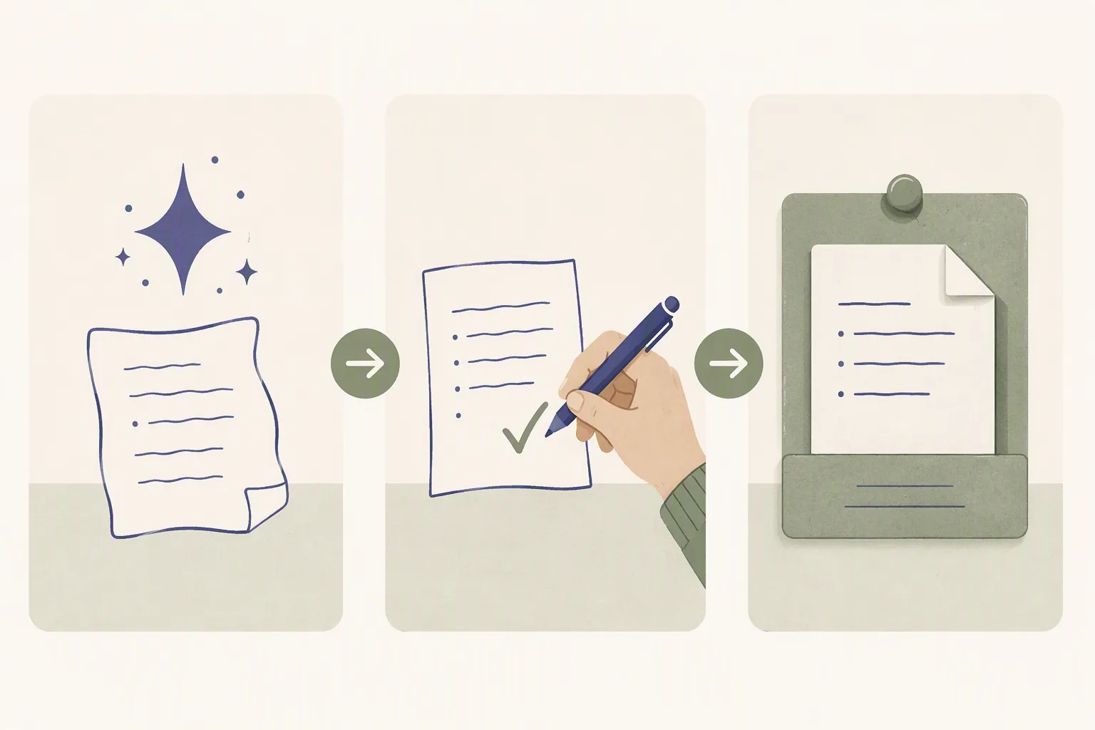 Three-panel illustration showing AI drafting, a human checkmark approval, and an archived note card