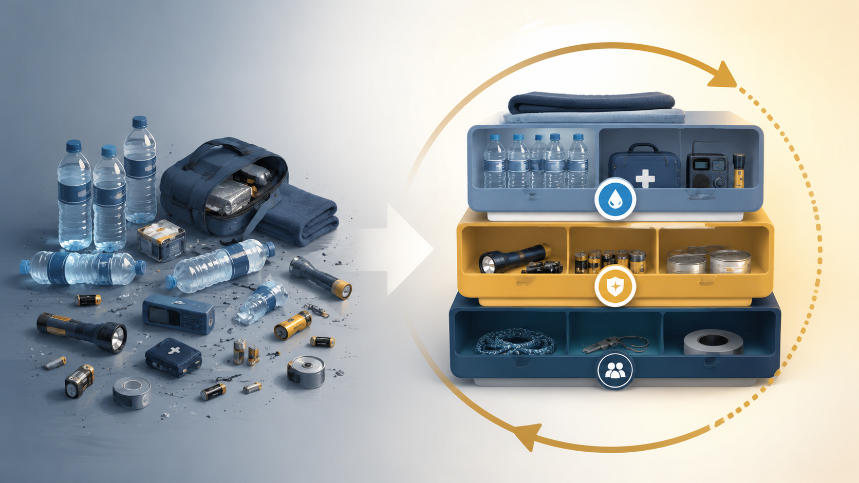 Scattered emergency supplies becoming an organized tiered system with a review cycle