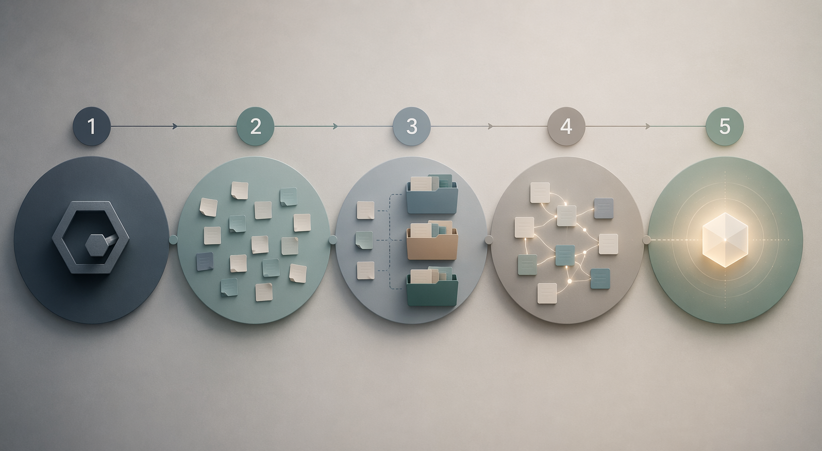 Five-stage progression from choosing a tool to capturing notes, sorting them, linking them, and producing one output