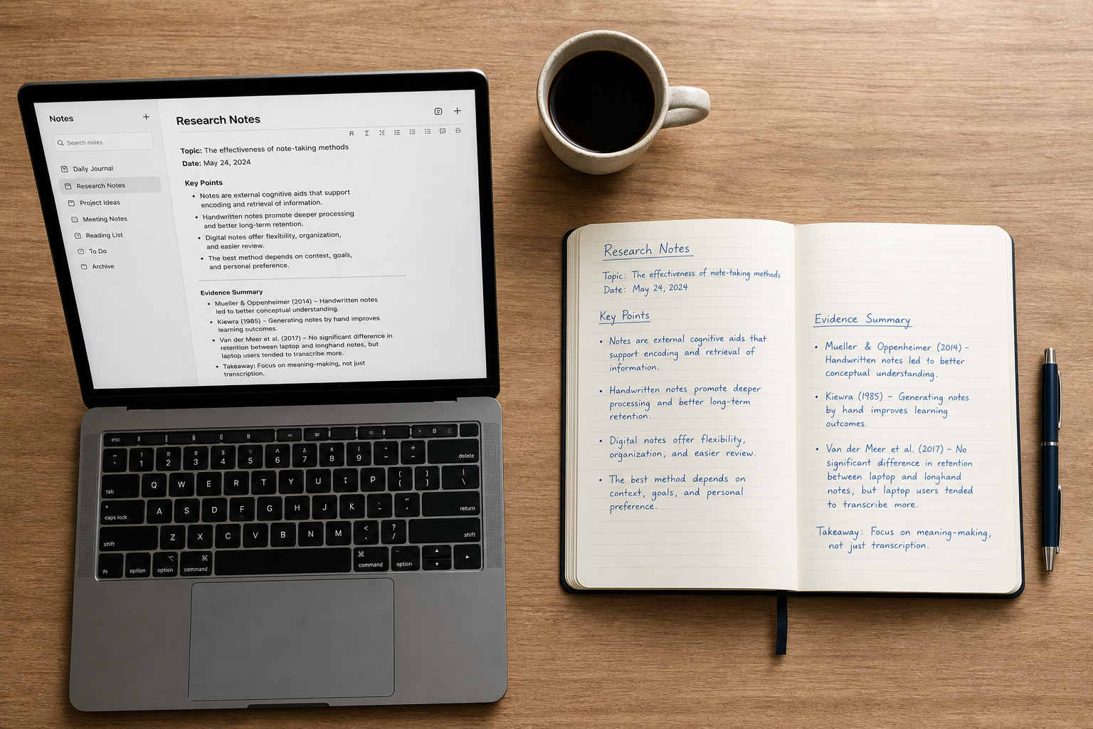 Top-down flat lay of a wooden desk split between a laptop with typed notes on one side and a paper notebook with handwritten notes on the other, with a coffee cup at the top center.