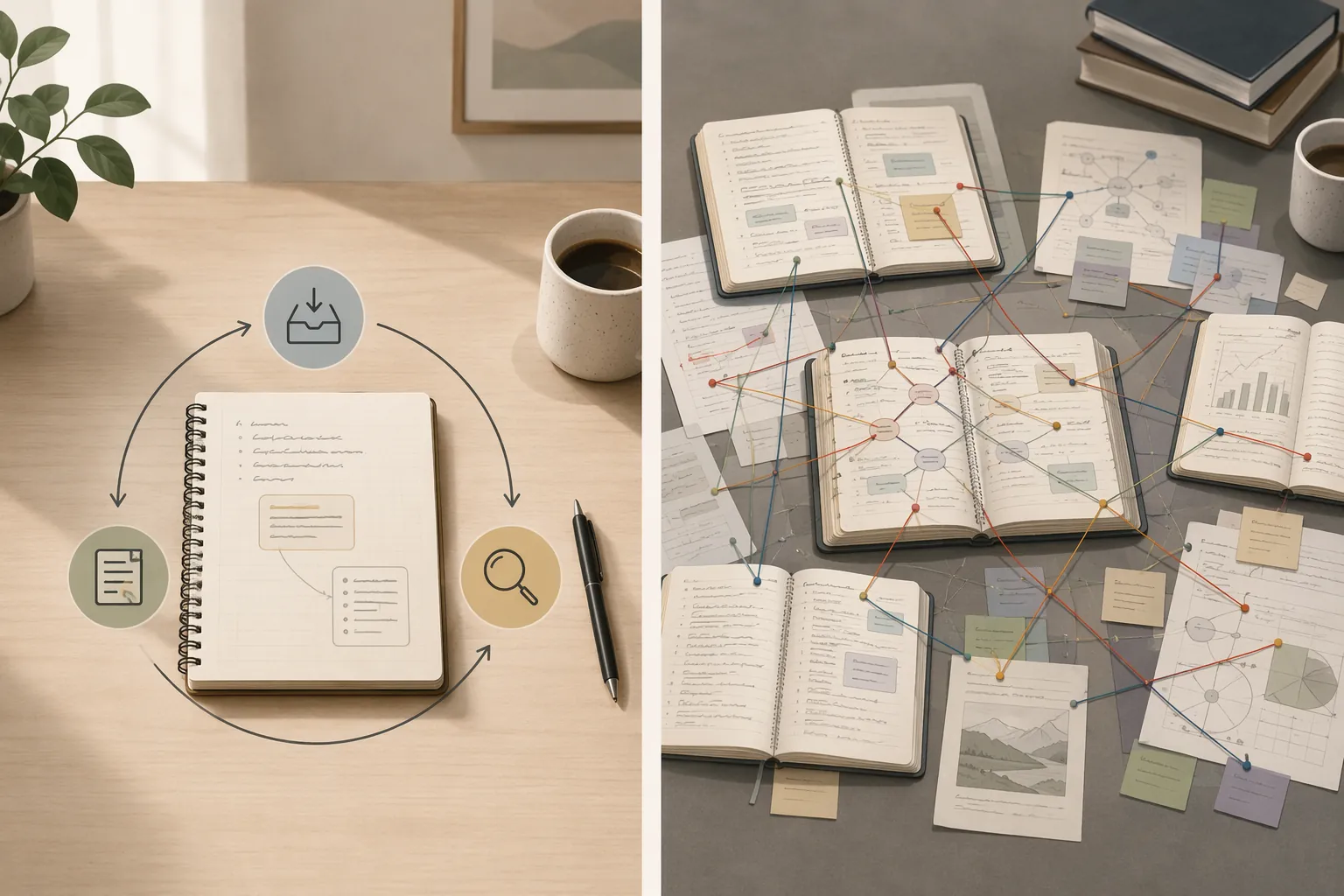 Split illustration contrasting a simple daily note-taking workspace with a deeper multi-session research workspace