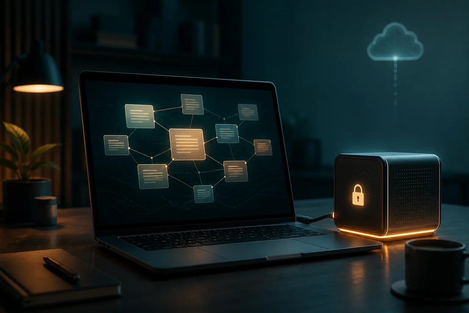 Open laptop showing a glowing linked-note knowledge graph with a locked local computing cube beside it and a faint cloud in the background