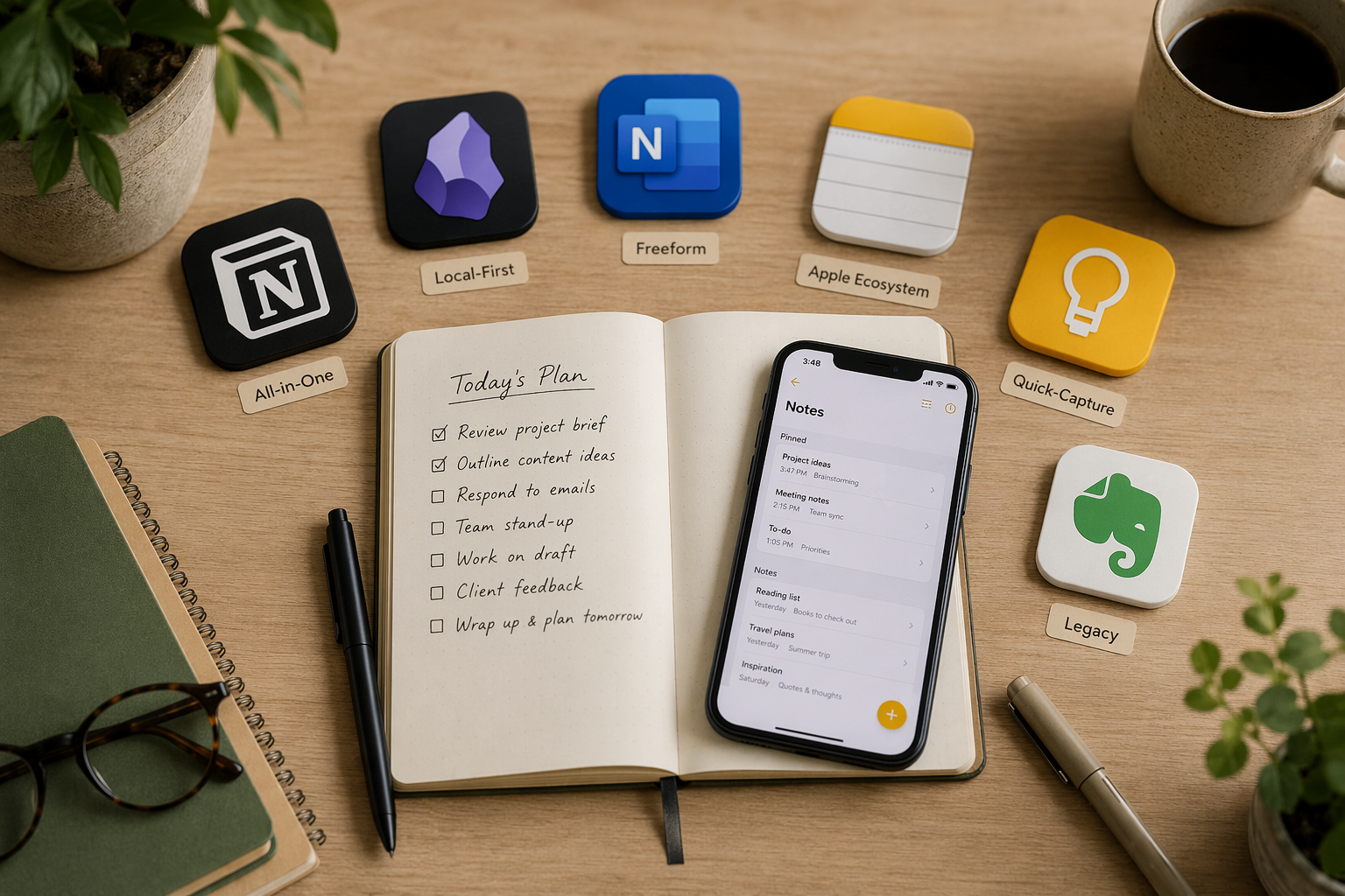 Flat-lay editorial photograph on a light wooden desk showing six note-taking app icons arranged in a semicircle around an open notebook and a smartphone.