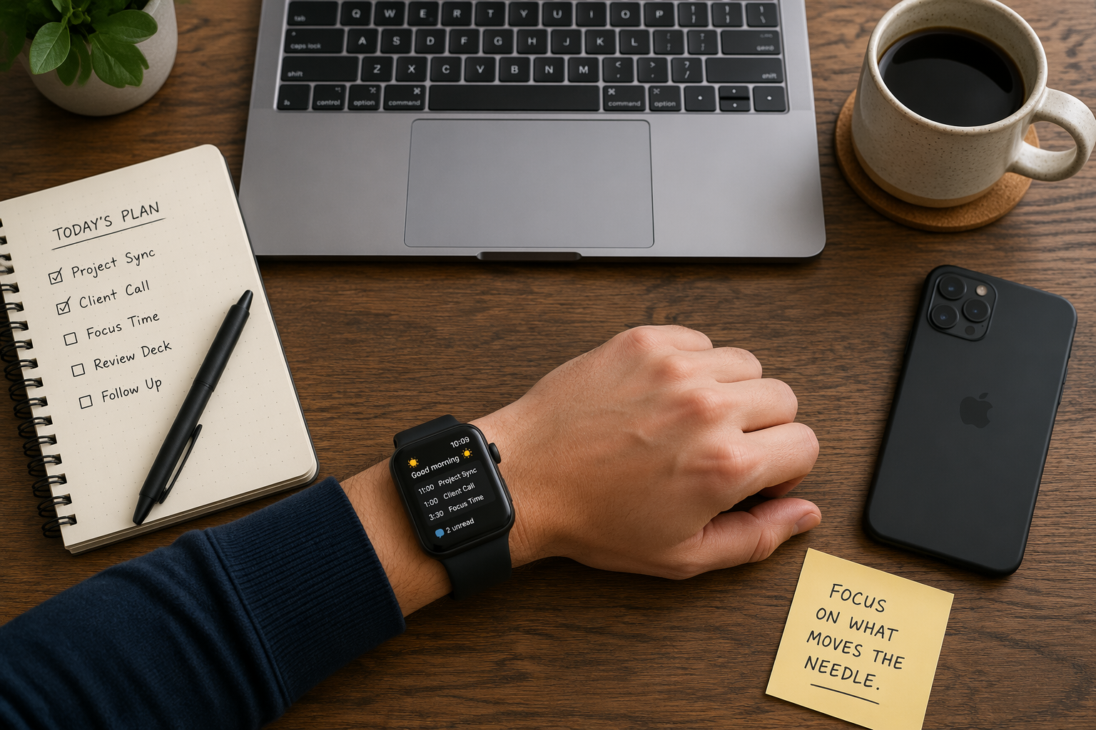 Smartwatch on a desk beside a face-down phone, laptop, notebook, and coffee