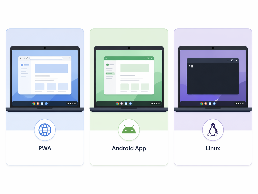 Infographic showing PWA, Android app, and Linux app delivery methods on Chromebook