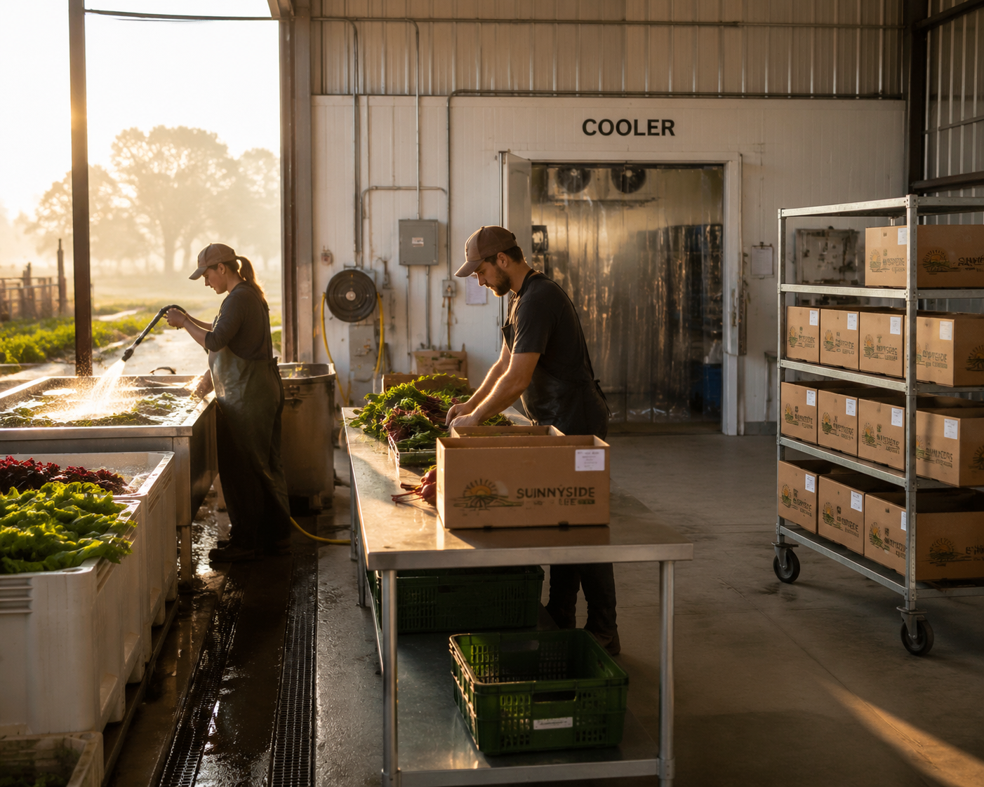Organized farm pack shed with dirty produce entering left, a wash station, standardized case packing, top-right labels, and finished cases staged on rolling shelving