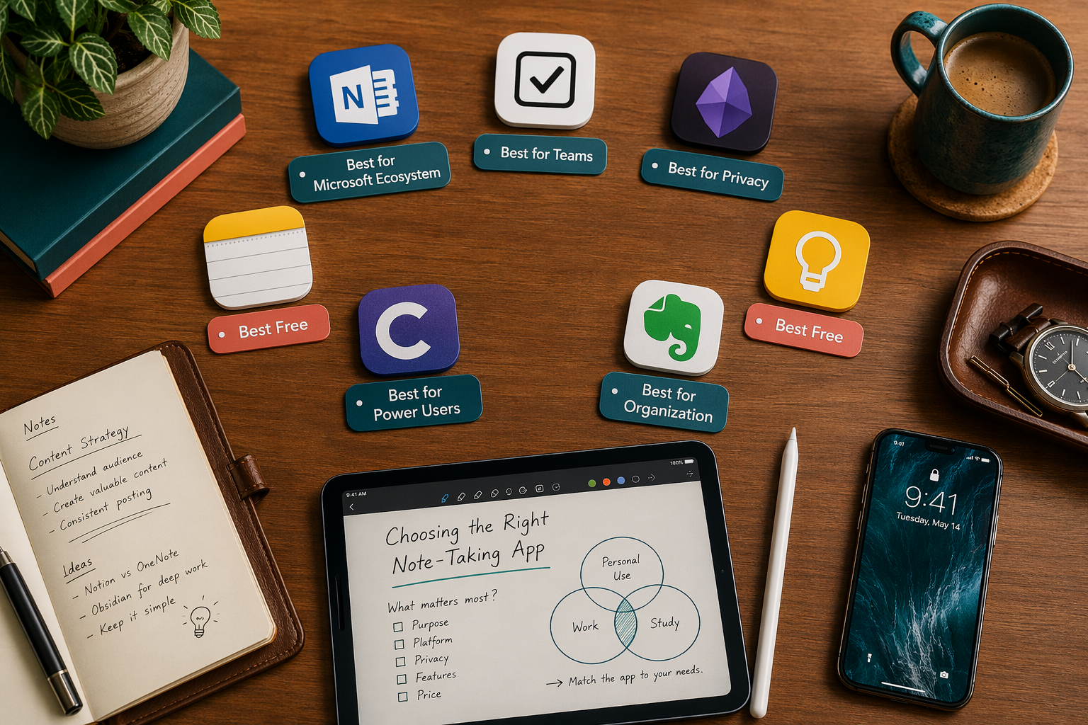 Flat-lay composition of seven note-taking app icons on a wooden desk with an iPad, Apple Pencil, notebook, and smartphone, each icon tagged with a best-use persona label.