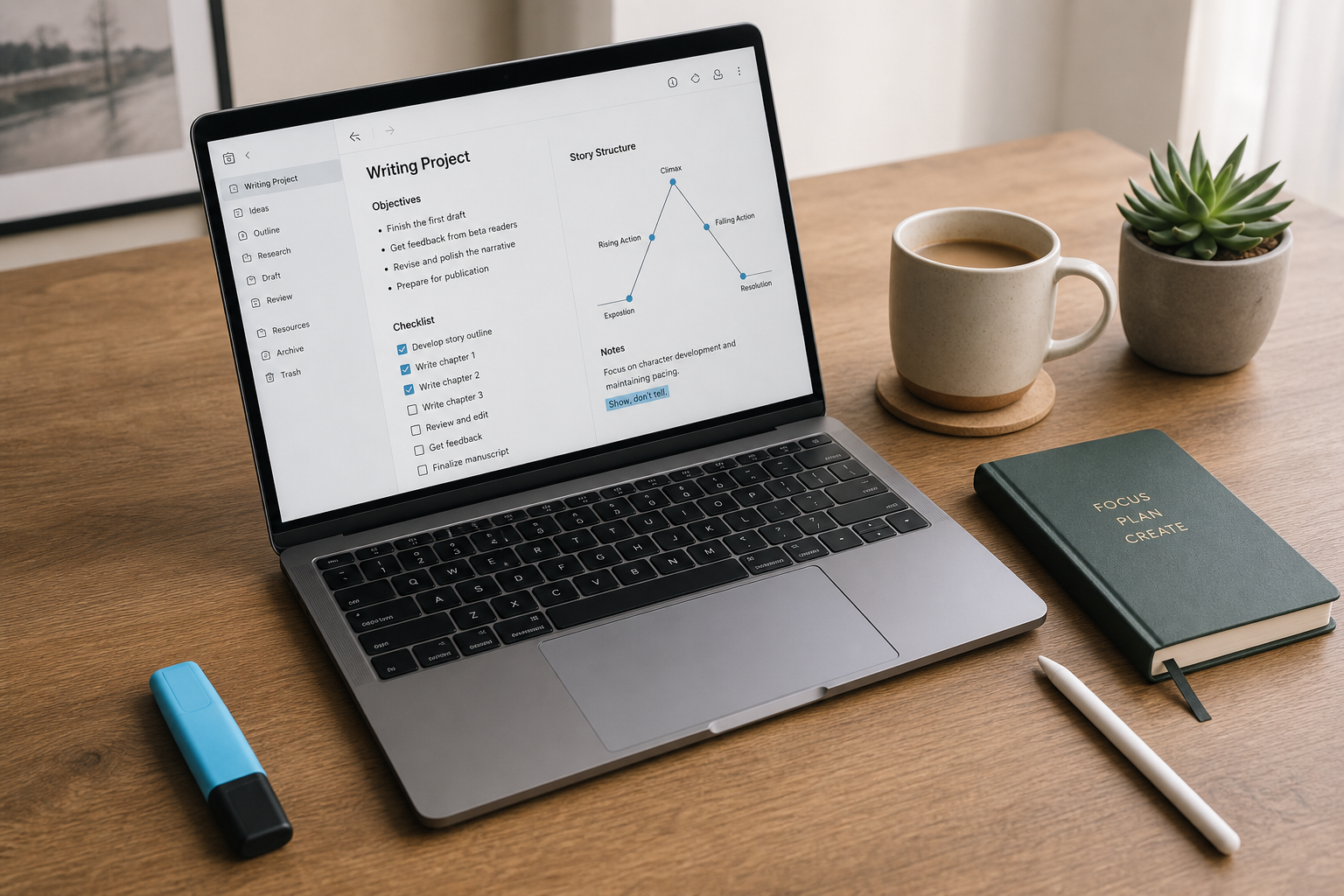 A flat-lay photograph on a wooden desk showing a laptop open to a note-taking app with typed text, a checklist, and a simple diagram, with a notebook, stylus pen, ceramic coffee cup, and small succulent plant beside it in soft natural lighting with muted earth tones and a blue highlighter accent.