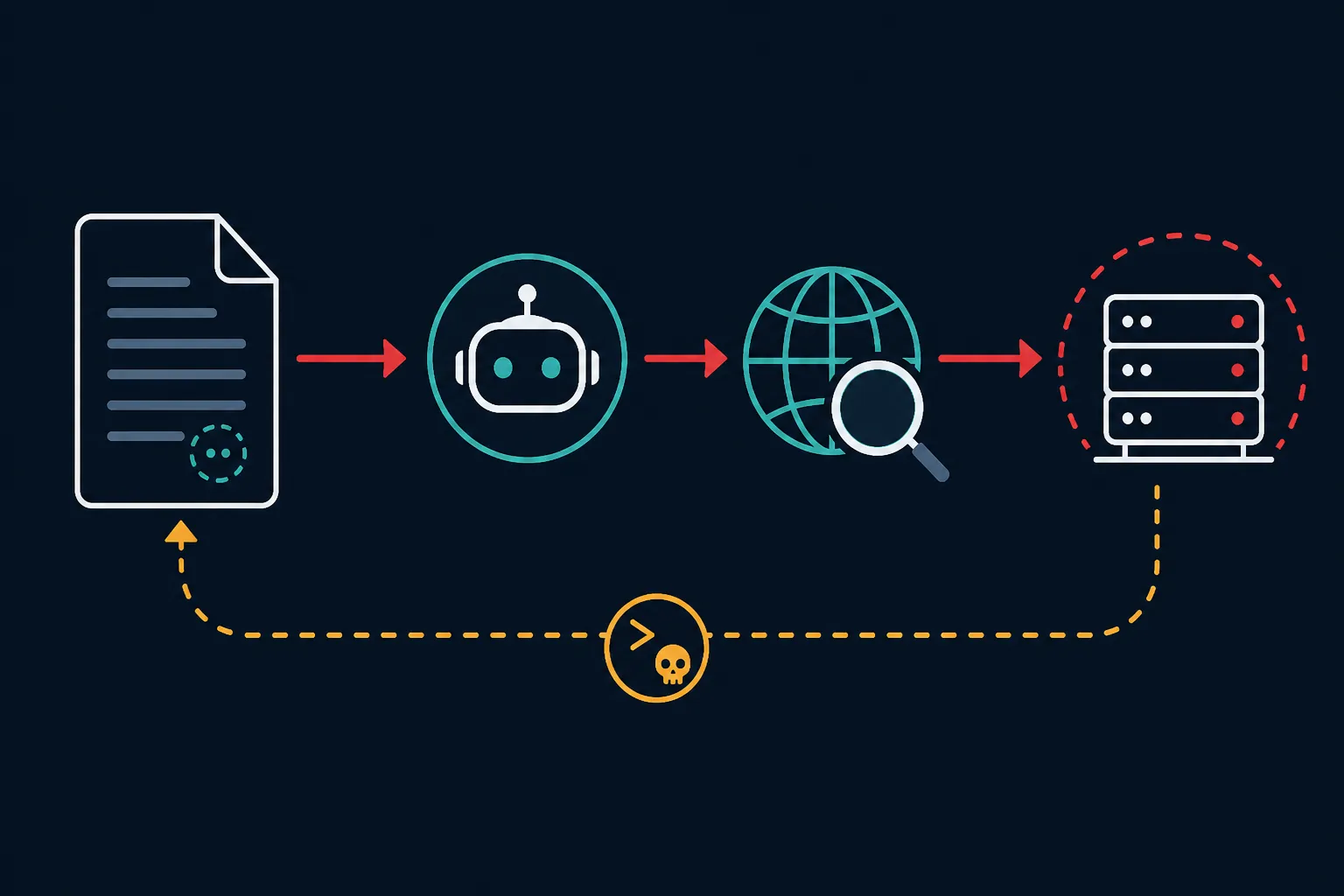 Diagram showing a hidden document instruction passing through an AI assistant and web search tool to an external server