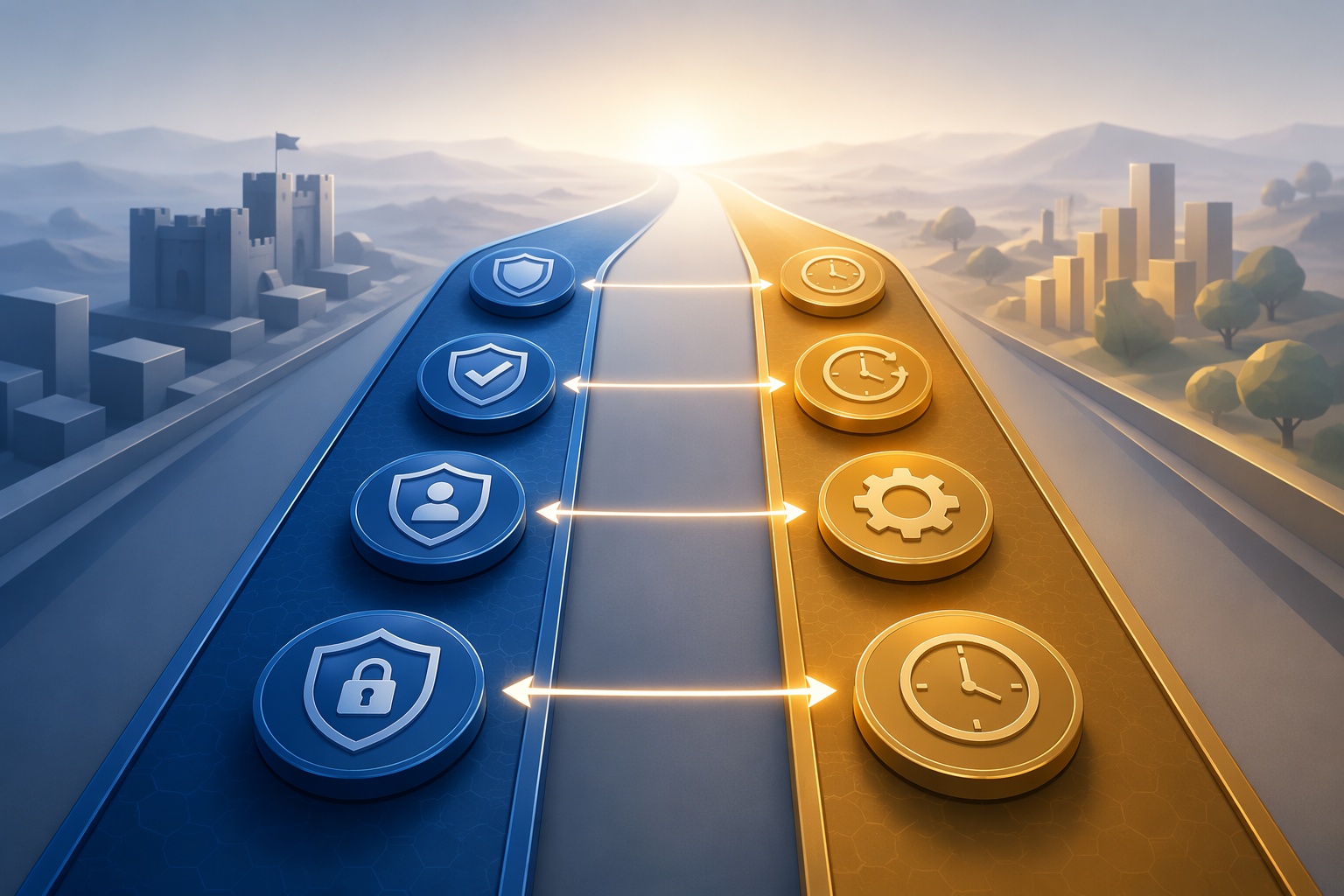 Two parallel breach response tracks showing security actions and productivity preservation moving forward together