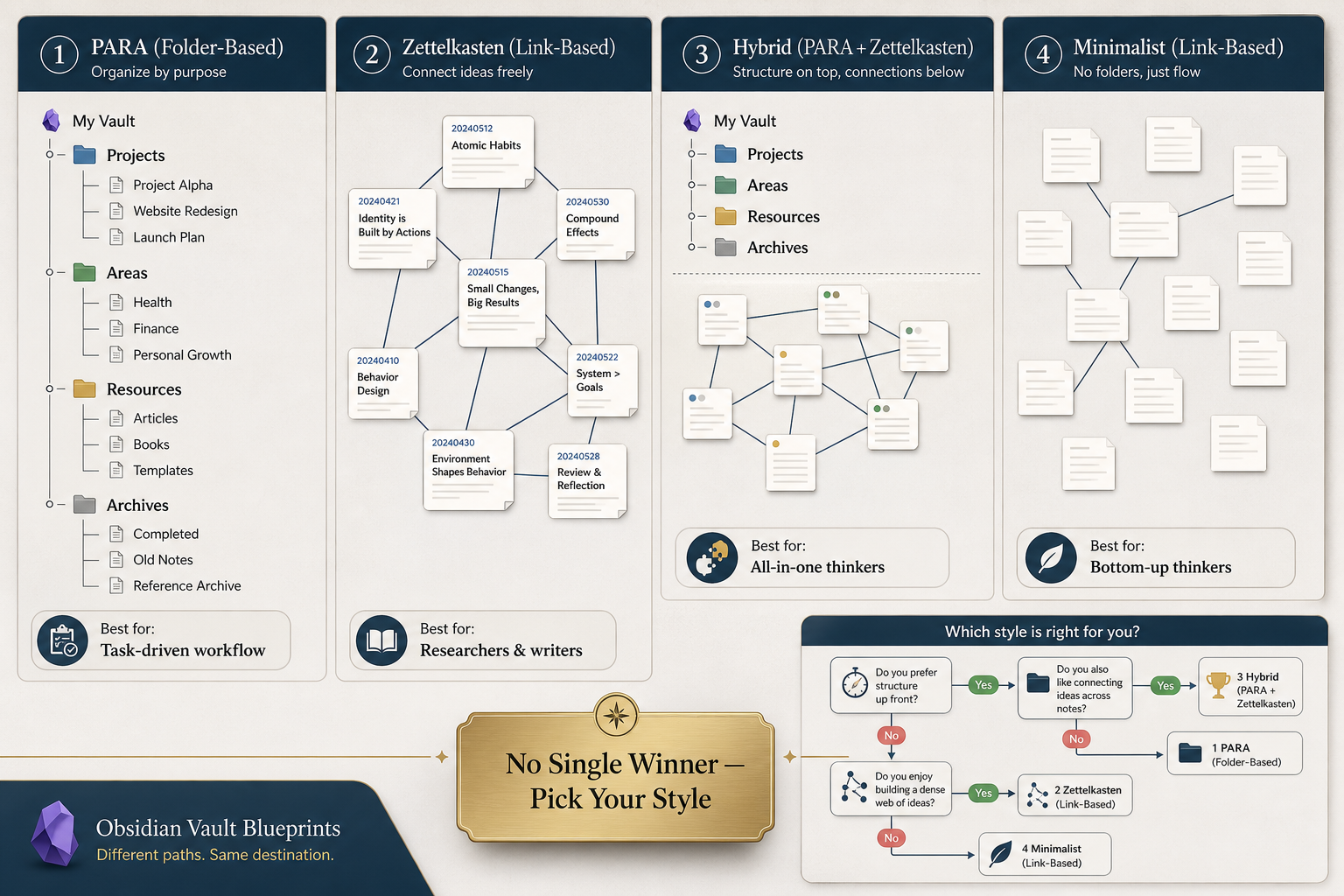 A flat-lay comparison scene showing four Obsidian vault blueprint layouts side by side: PARA folder tree, Zettelkasten note web, hybrid structure, and minimalist flat vault.