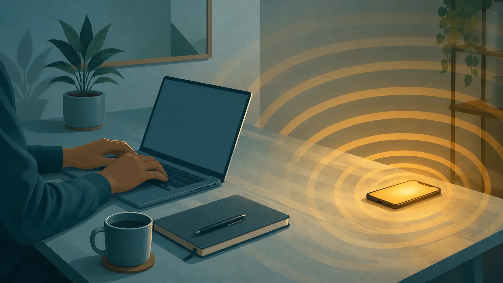 Calm desk workspace disrupted by pulsing rings from a smartphone at the edge of the desk