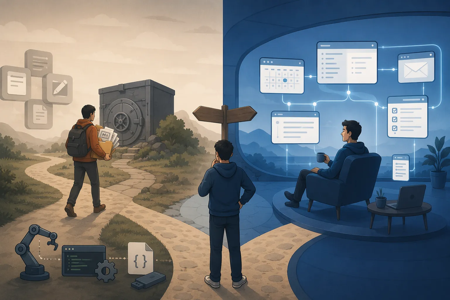 Decision fork showing a portable note migration path and a Microsoft ecosystem path