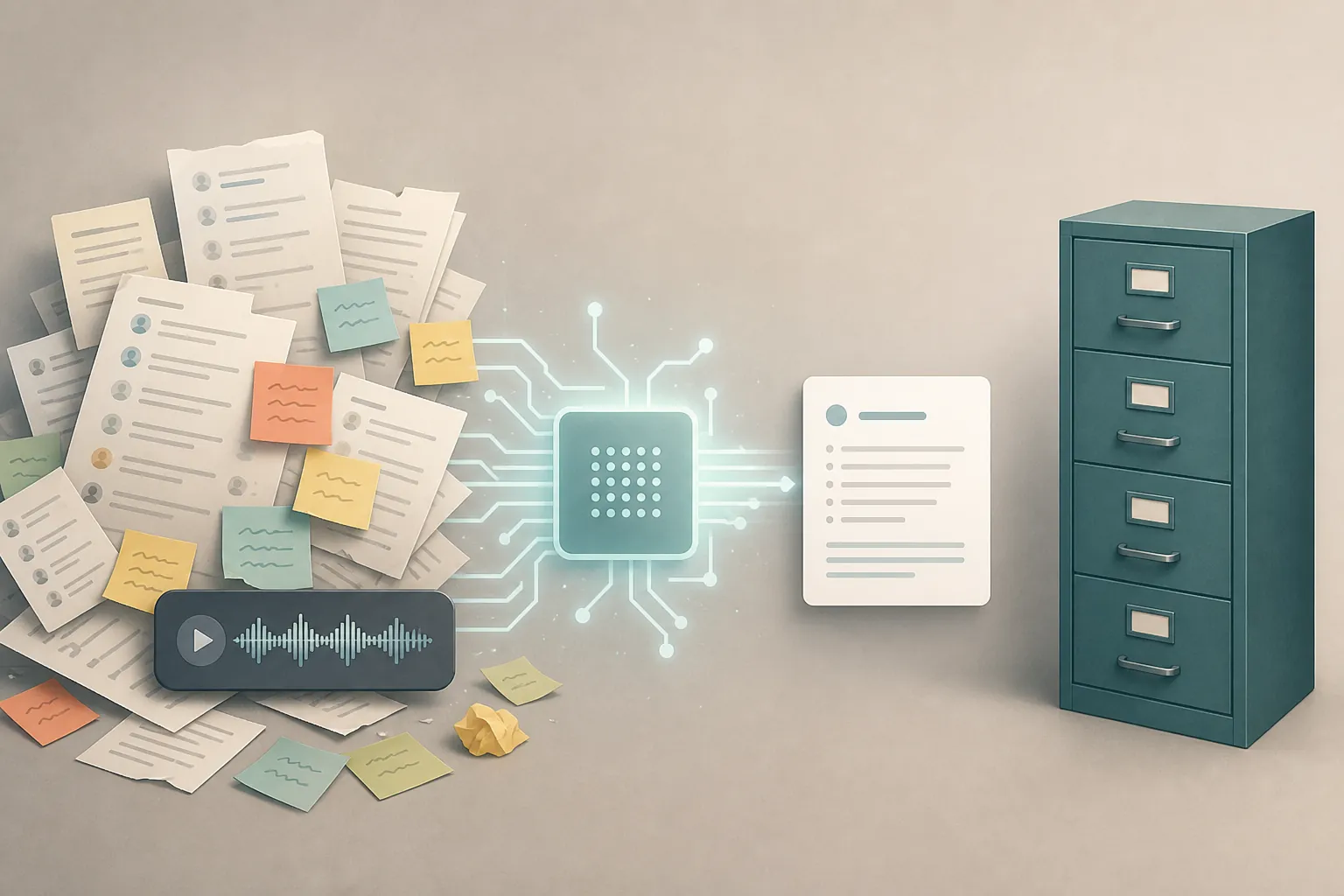 Messy meeting transcripts and sticky notes flow into an AI processor that outputs a summary card while a filing cabinet stands apart