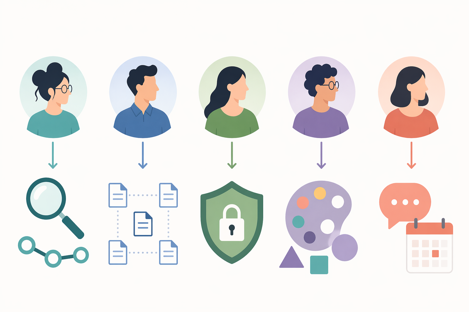 Five color-coded persona icons in a horizontal row, each with an arrow pointing down to a corresponding tool-type icon, forming a decision matrix.
