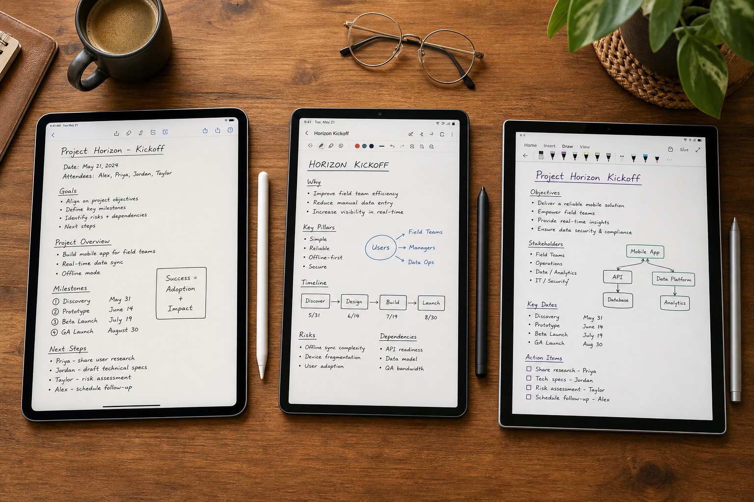 Flat-lay view of three tablets with styluses on a wooden desk, each displaying handwritten notes in different apps.