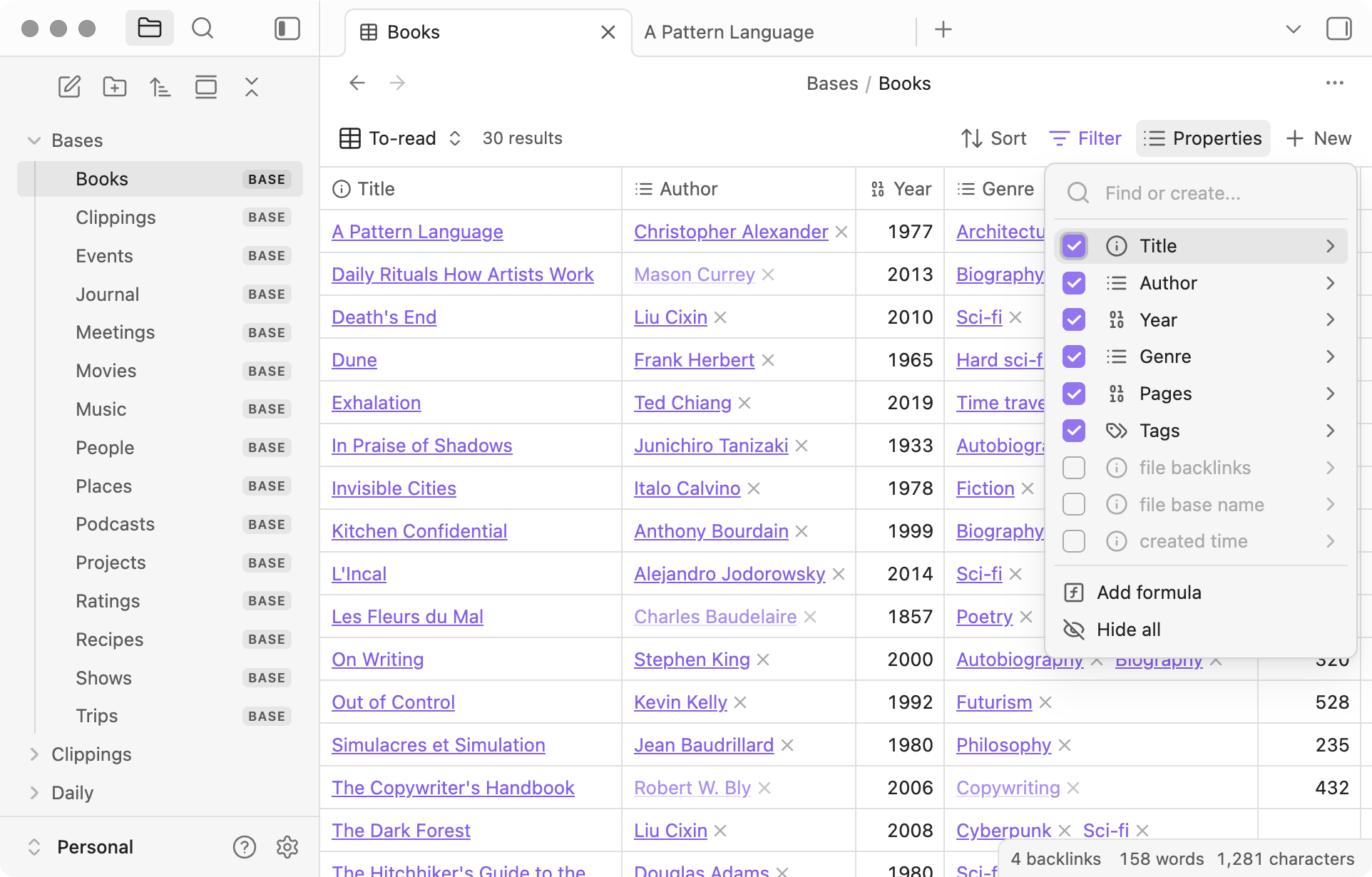 Obsidian Bases table view showing multiple property columns (checkbox, select, tags, date) and row data, with a toggle to switch between table and board views.